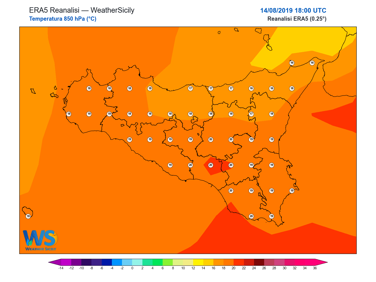 Temperatura a 850 hPa · 2019081418