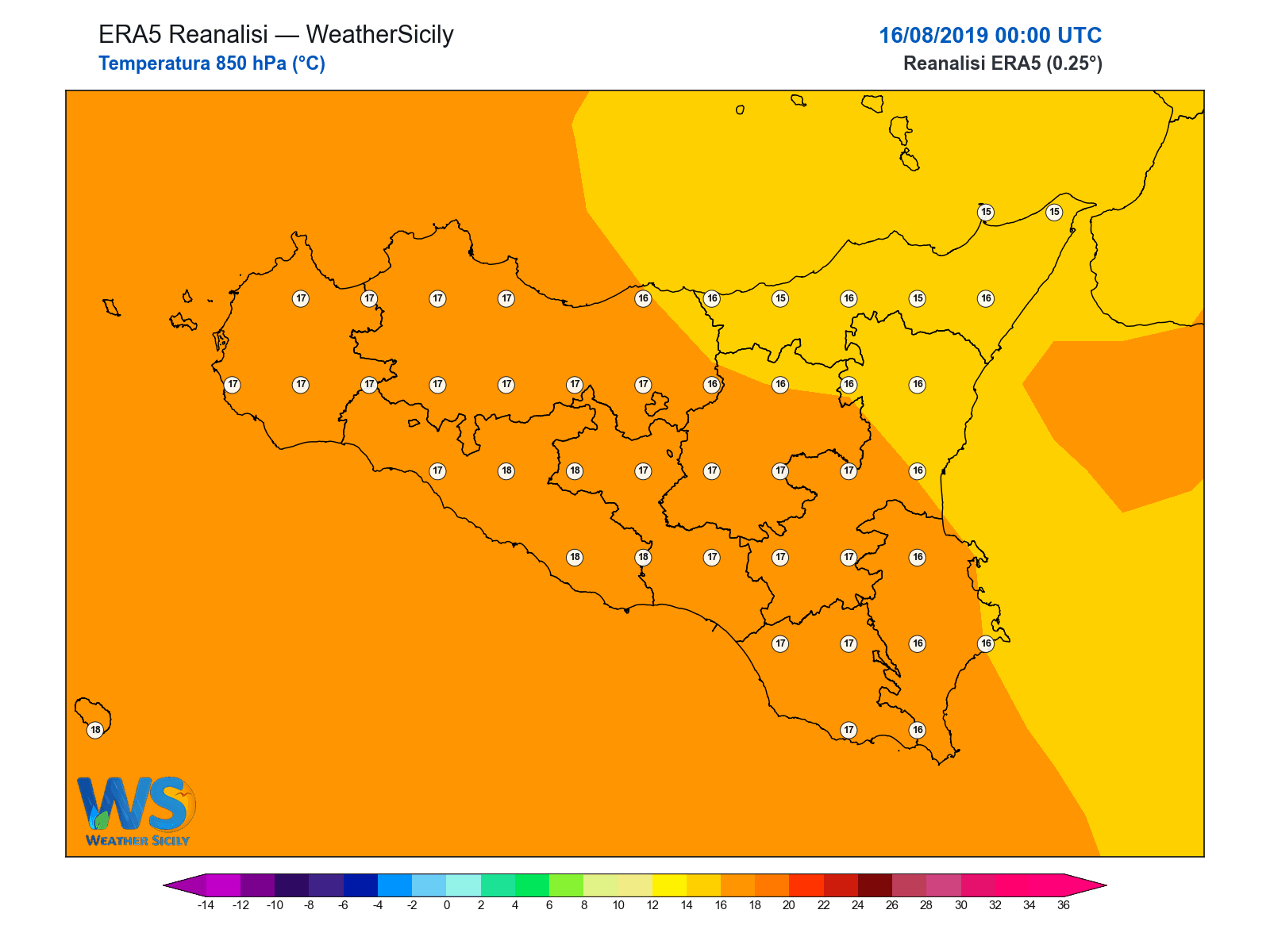 Temperatura a 850 hPa · 2019081600