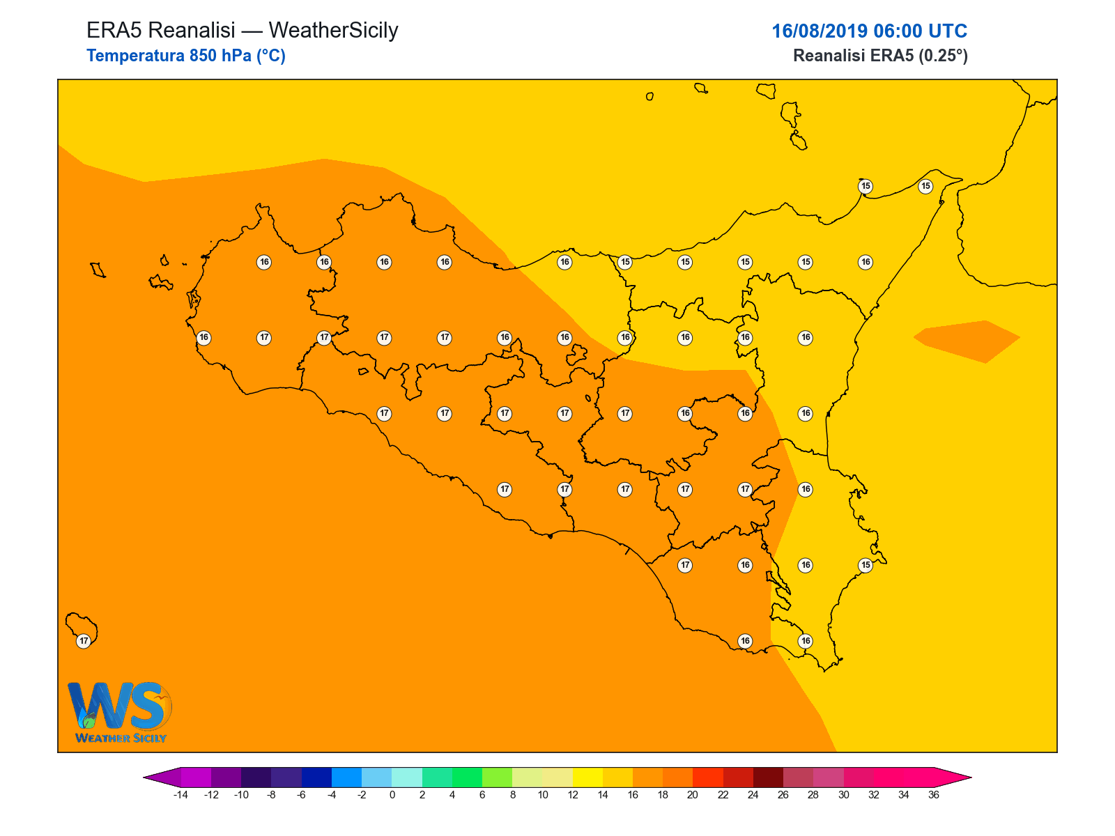 Temperatura a 850 hPa · 2019081606
