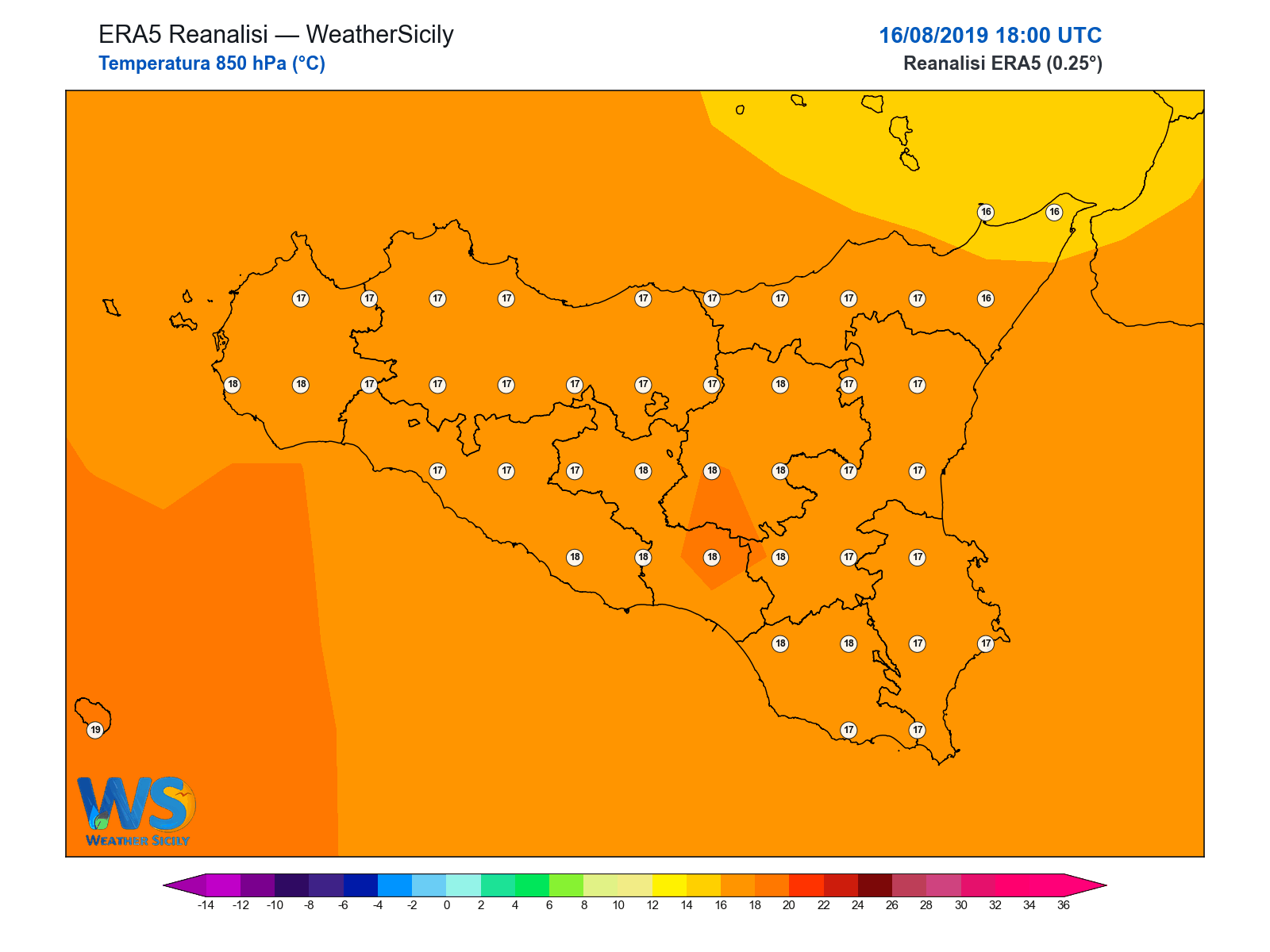 Temperatura a 850 hPa · 2019081618