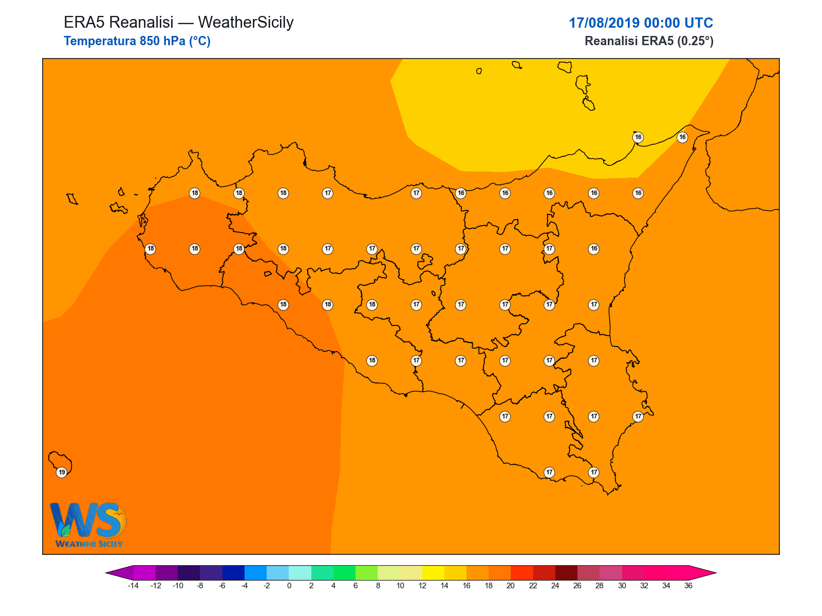 Temperatura a 850 hPa · 2019081700