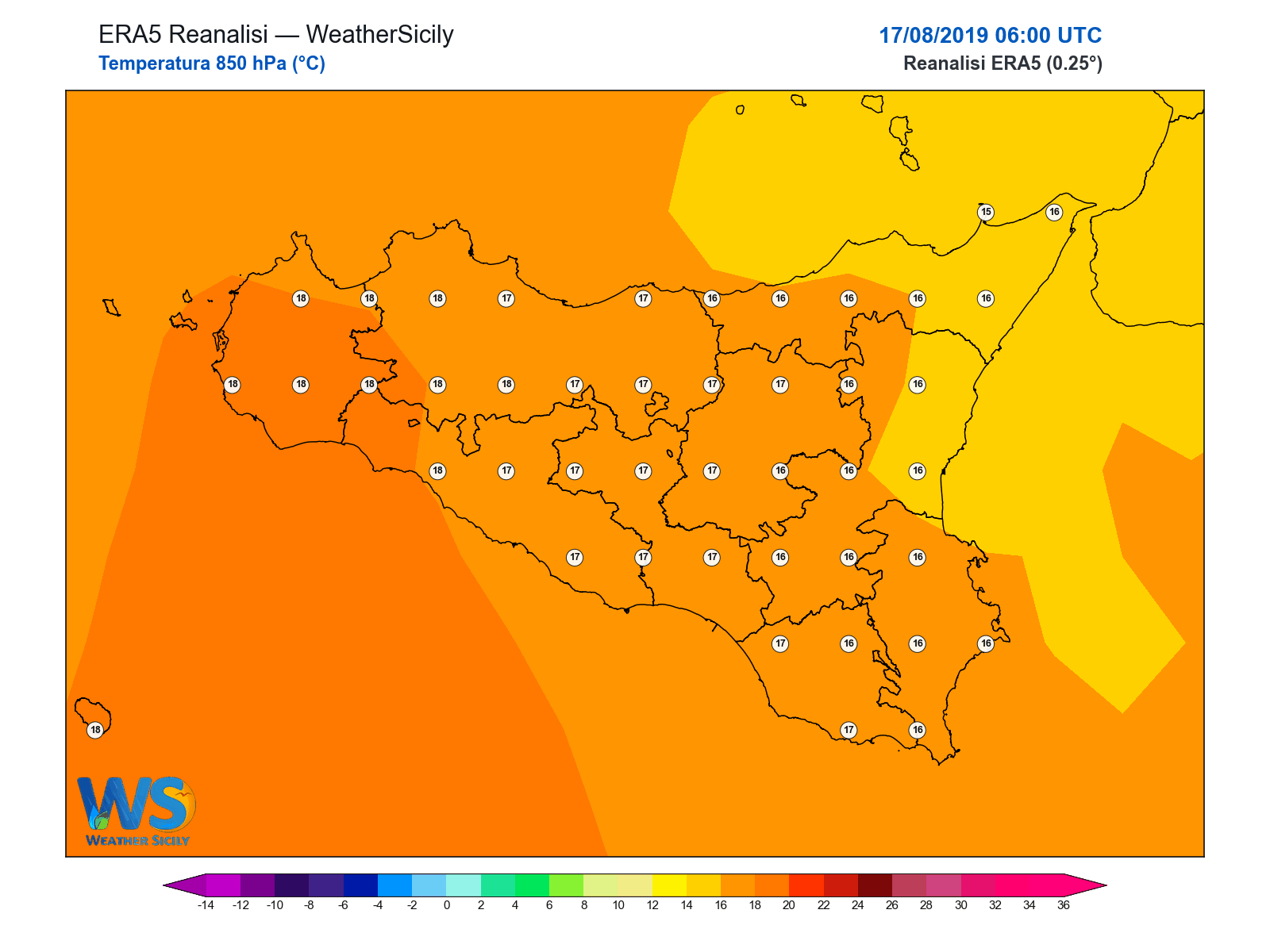 Temperatura a 850 hPa · 2019081706