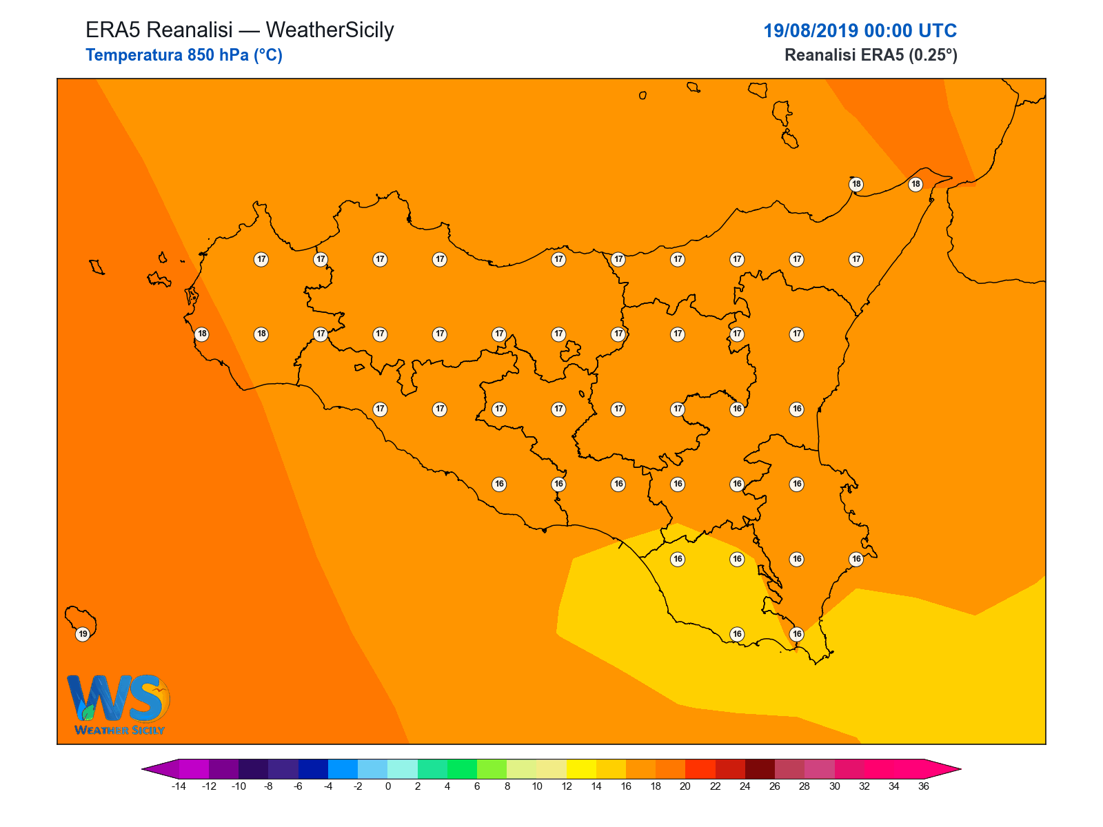 Temperatura a 850 hPa · 2019081900