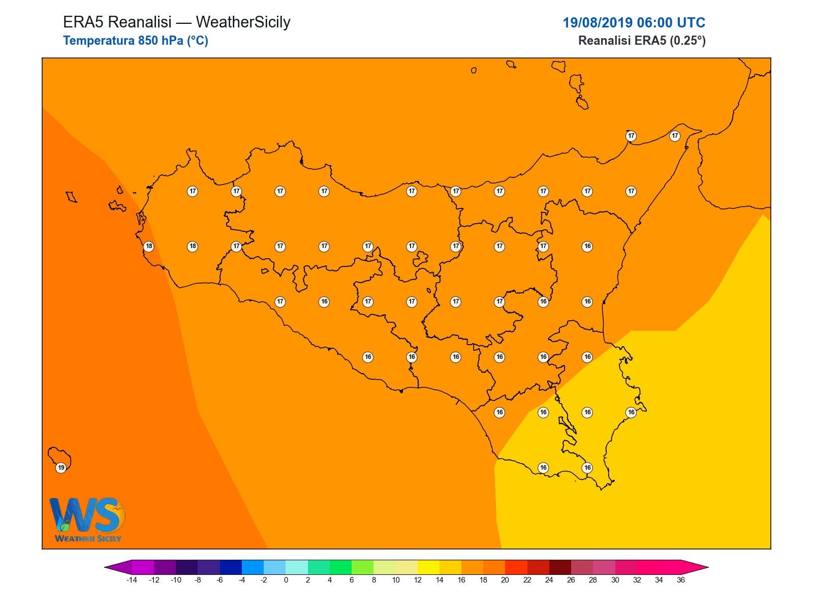 Temperatura a 850 hPa · 2019081906
