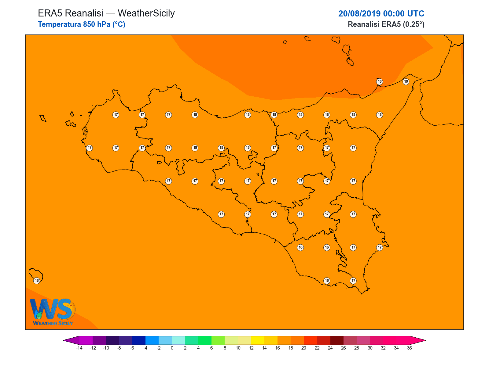 Temperatura a 850 hPa · 2019082000