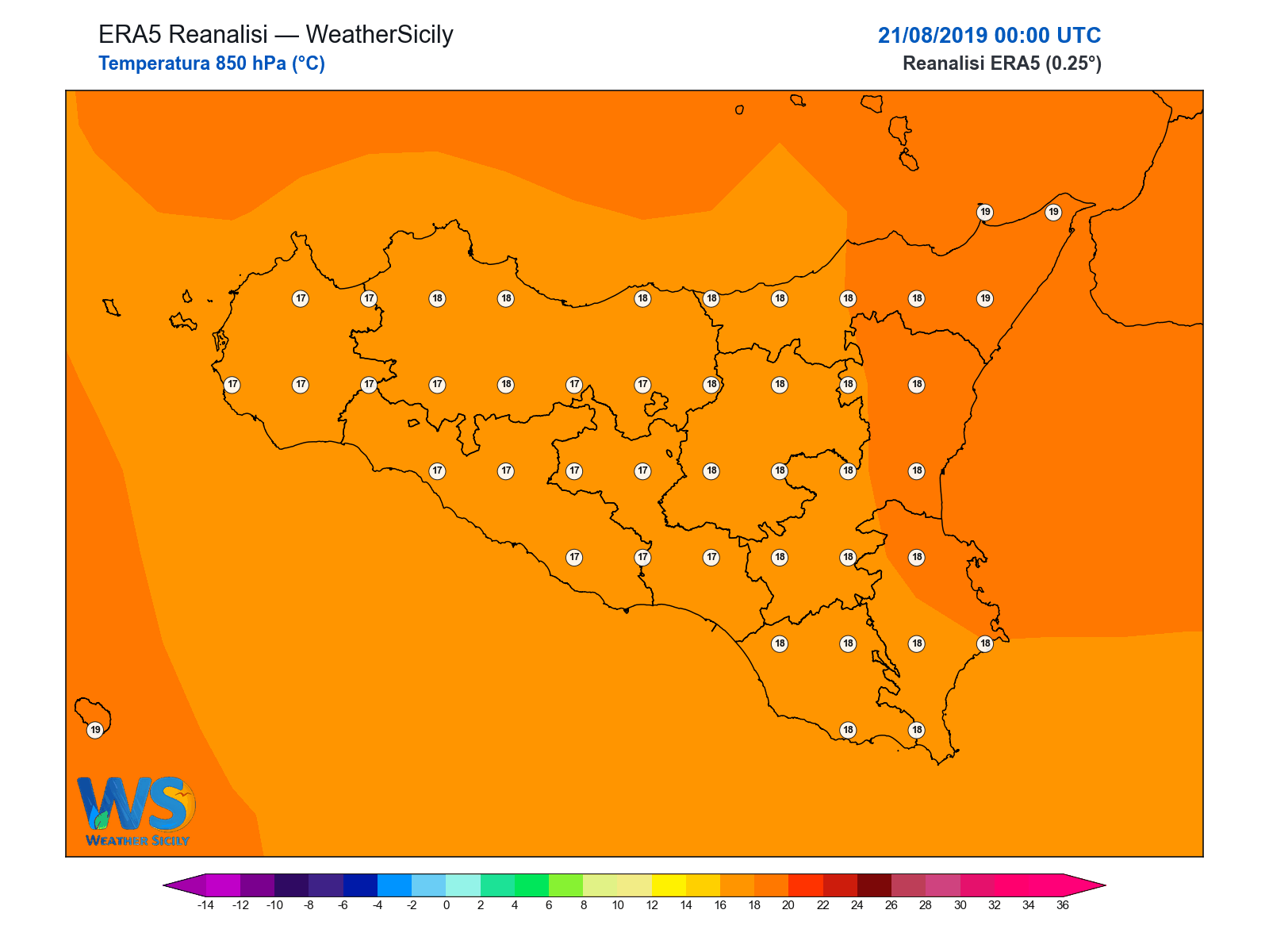 Temperatura a 850 hPa · 2019082100