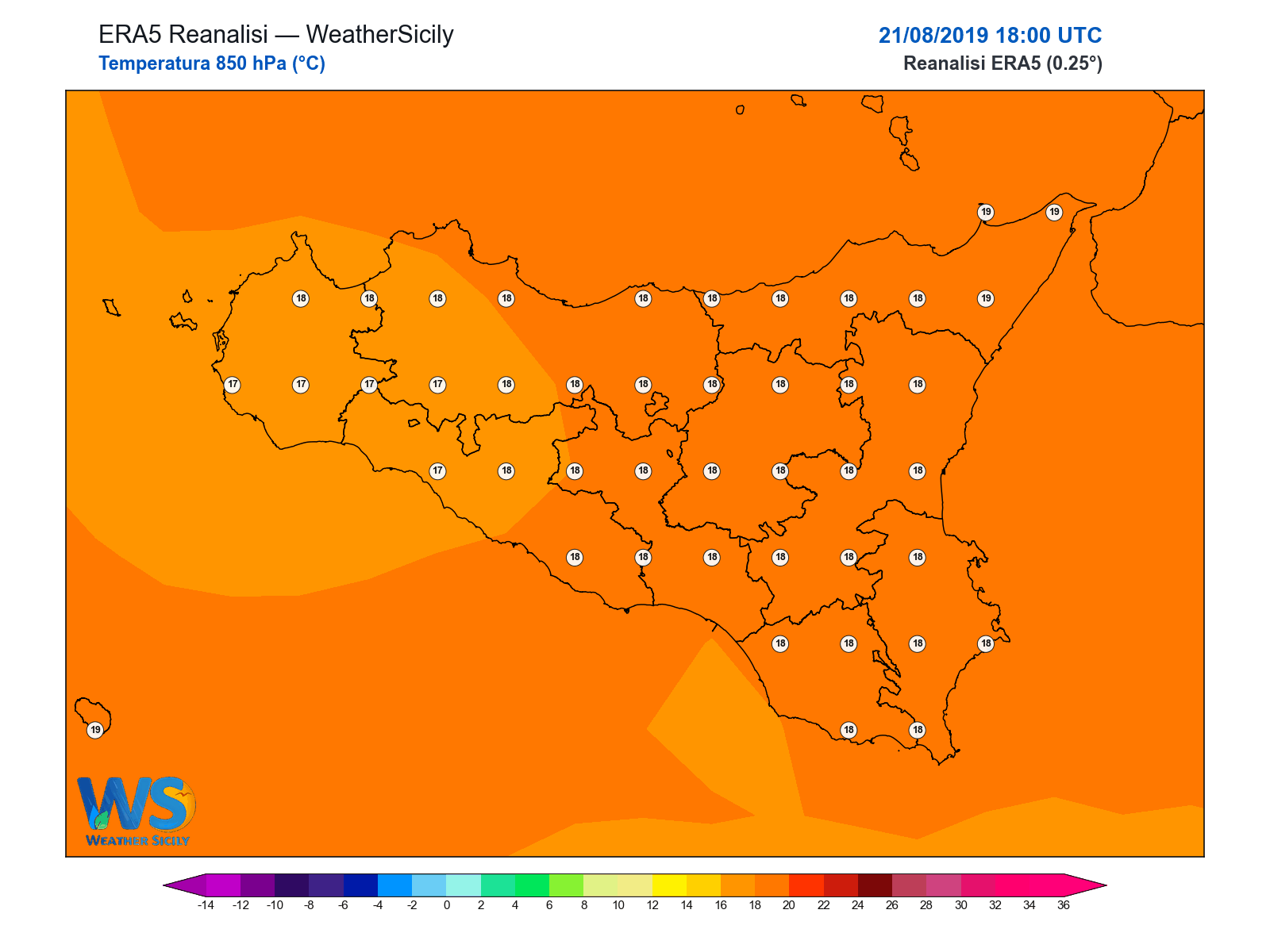 Temperatura a 850 hPa · 2019082118