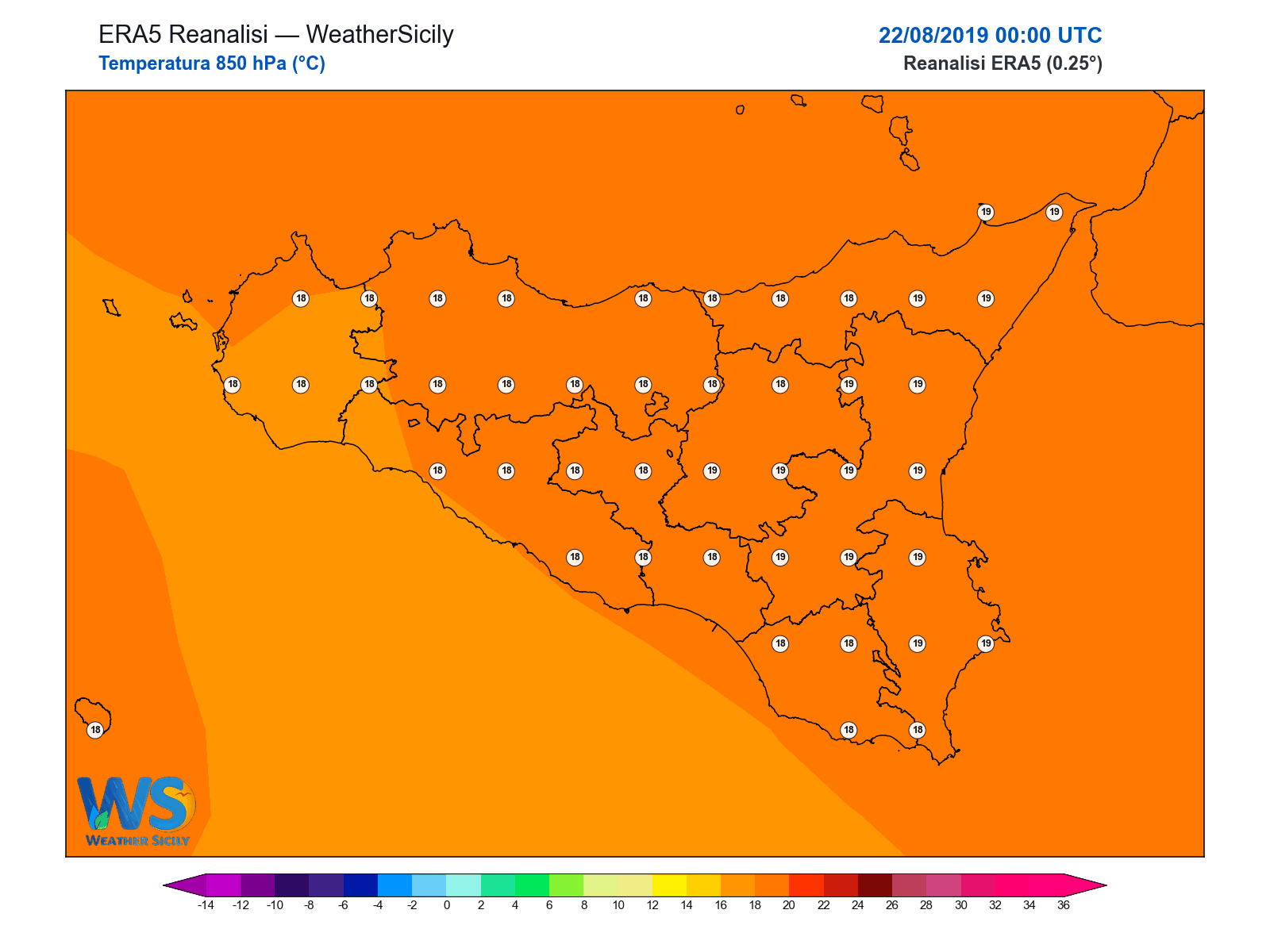 Temperatura a 850 hPa · 2019082200