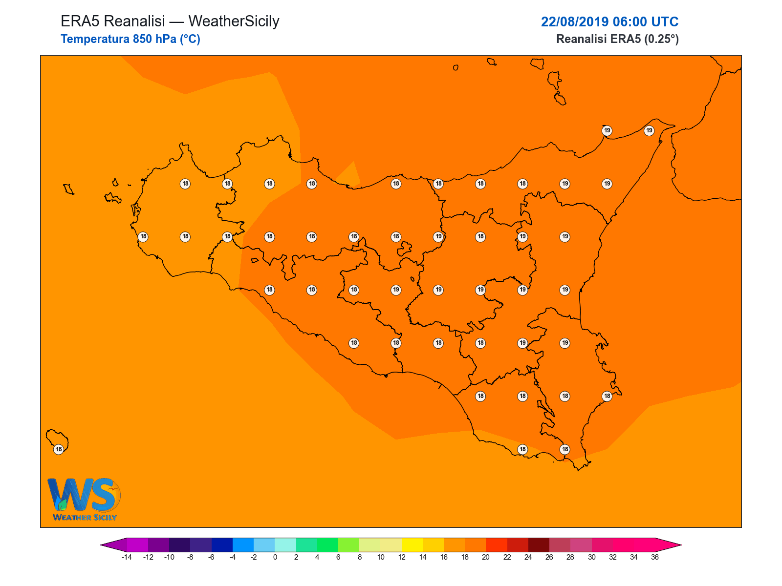 Temperatura a 850 hPa · 2019082206