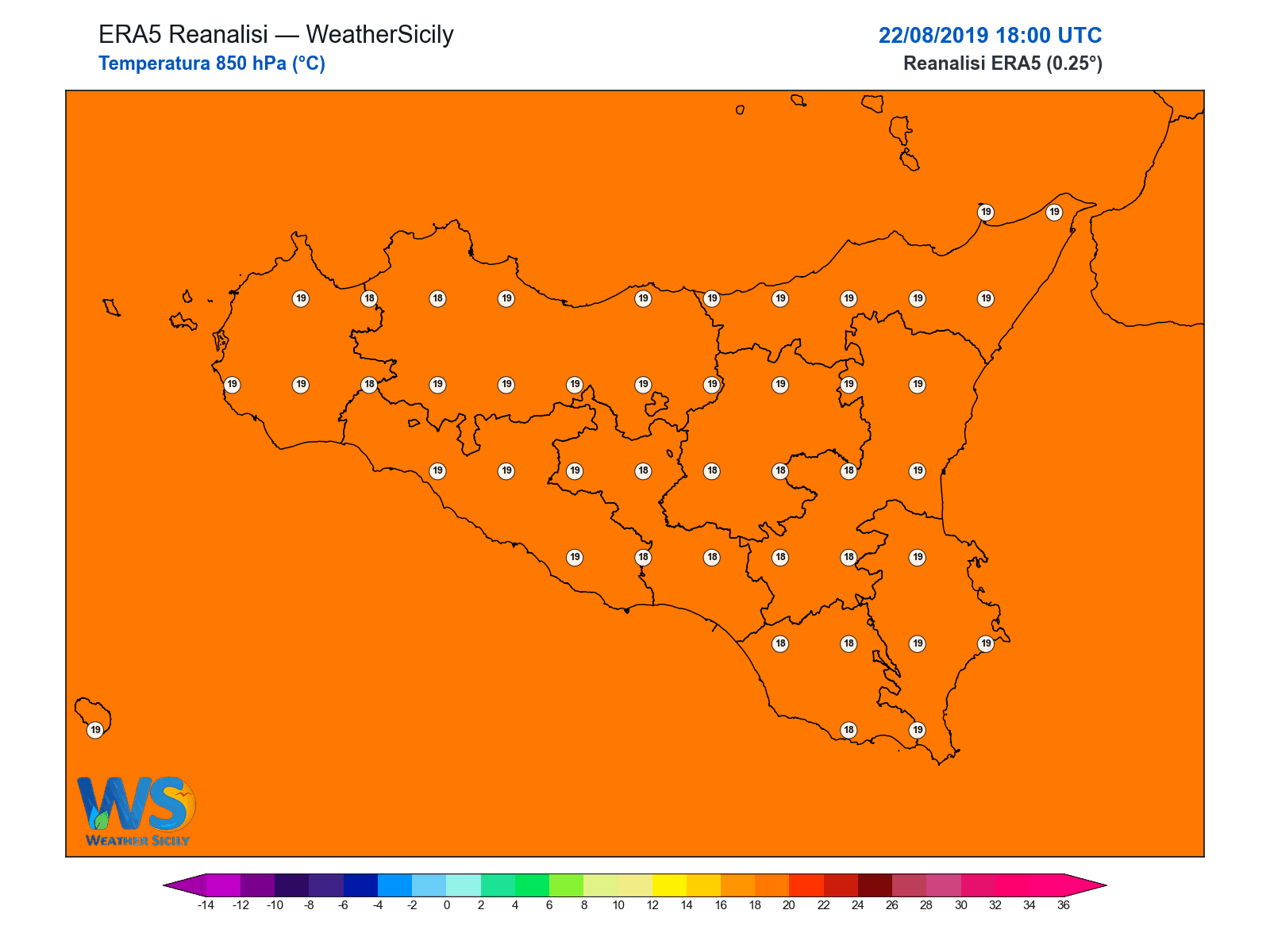 Temperatura a 850 hPa · 2019082218