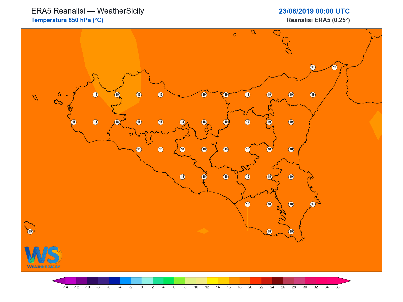 Temperatura a 850 hPa · 2019082300