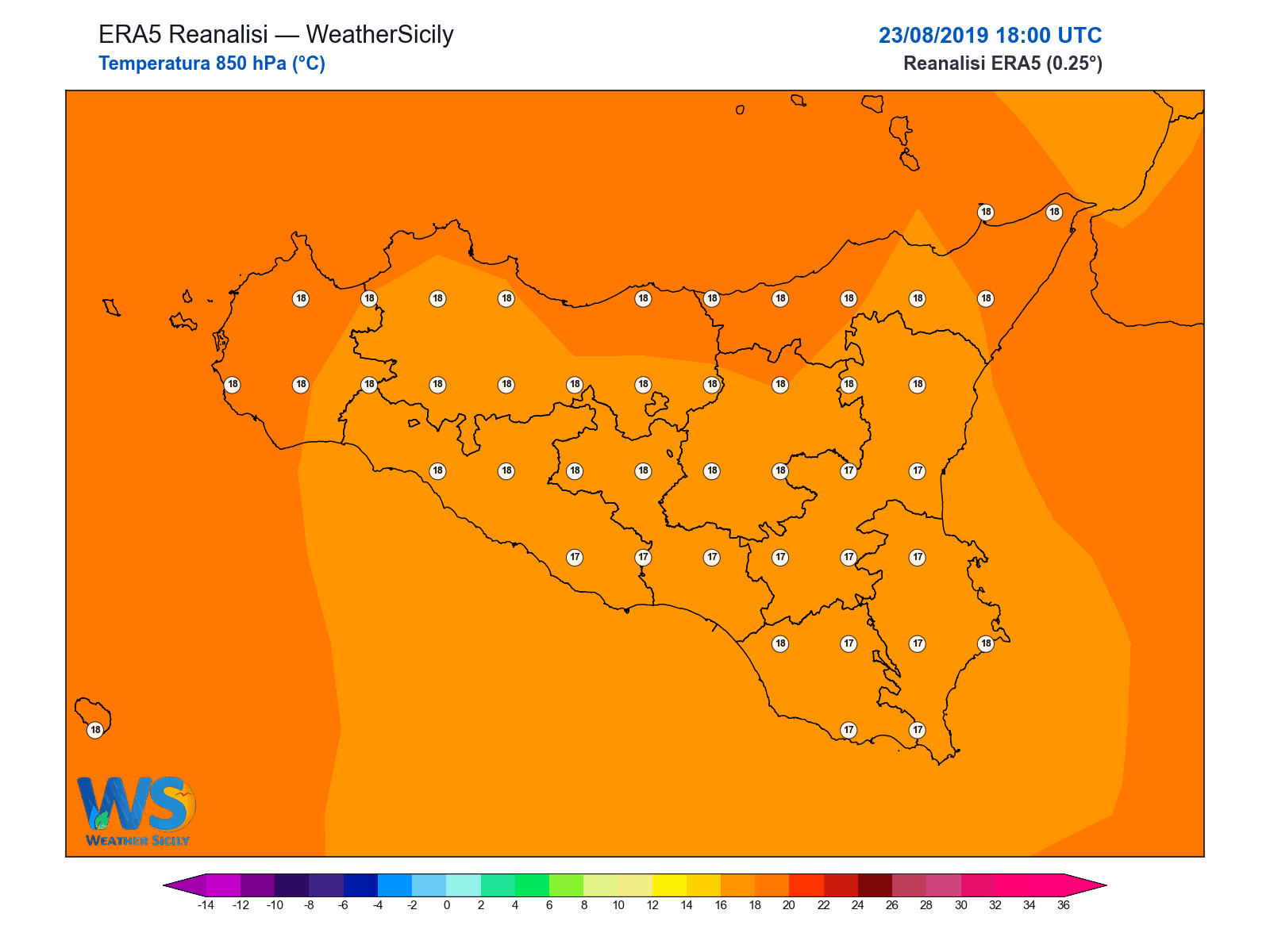 Temperatura a 850 hPa · 2019082318