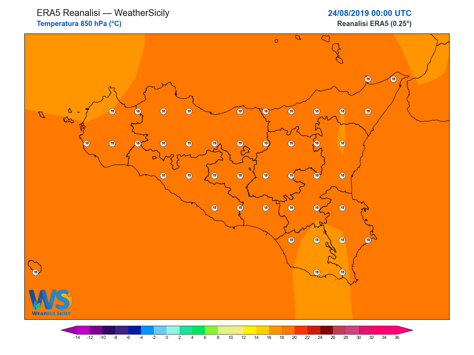 Temperatura a 850 hPa · 2019082400