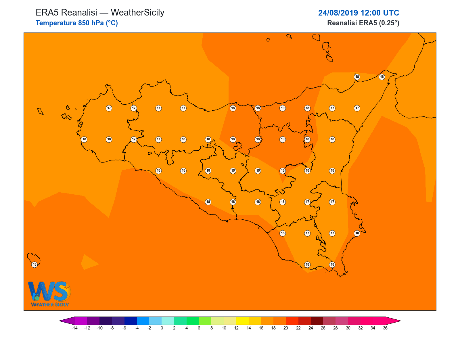 Temperatura a 850 hPa · 2019082412