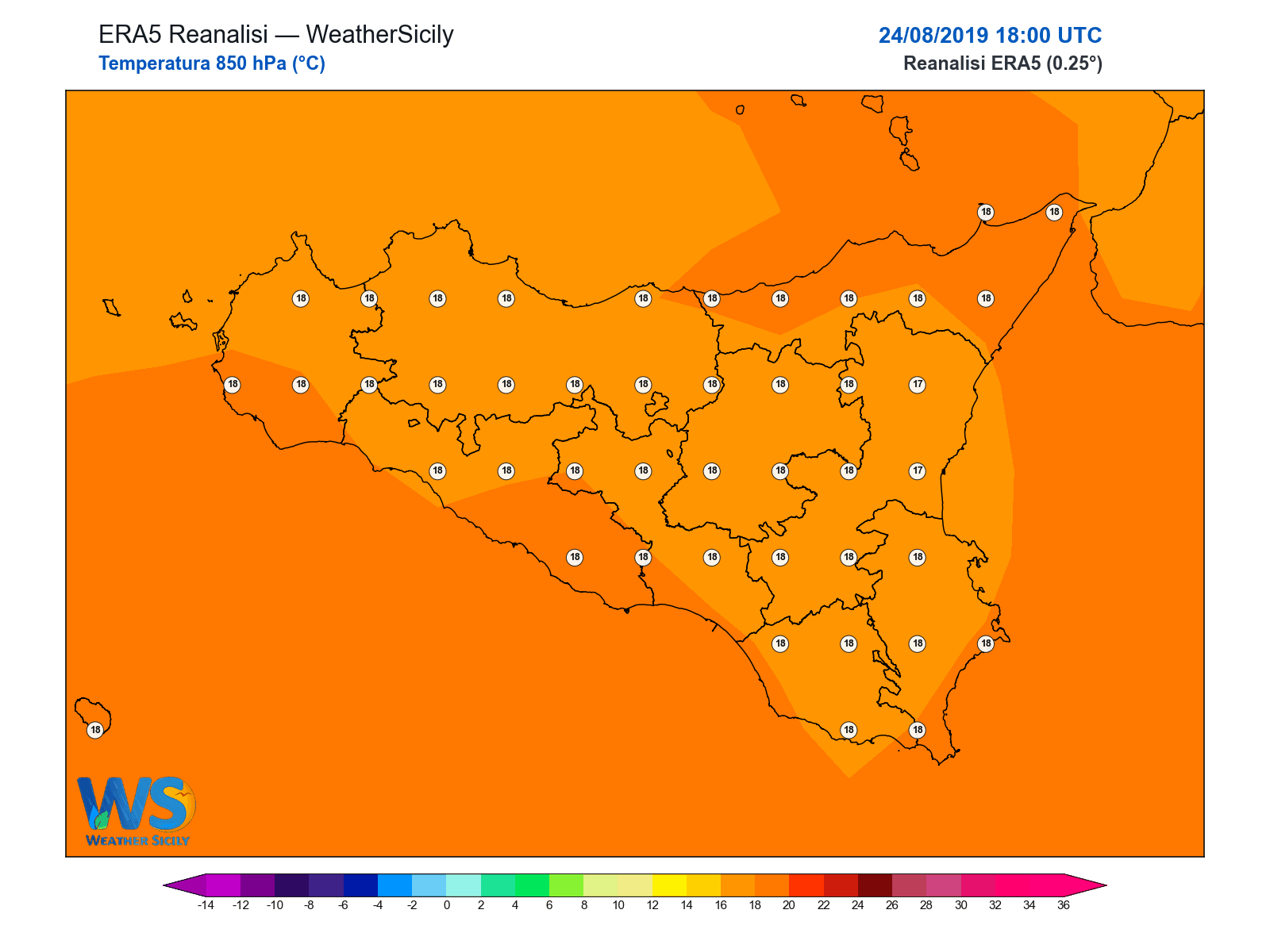 Temperatura a 850 hPa · 2019082418