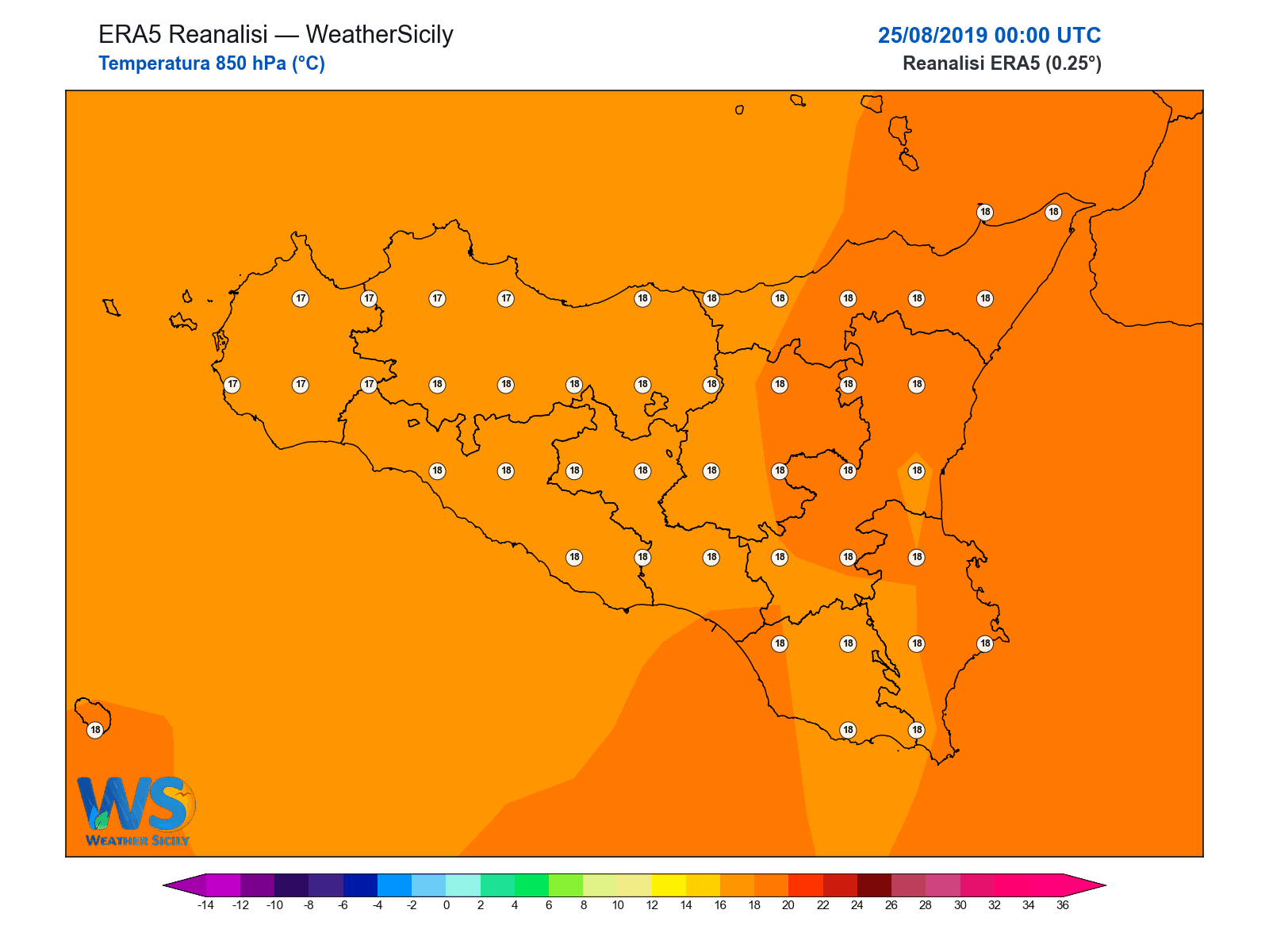 Temperatura a 850 hPa · 2019082500