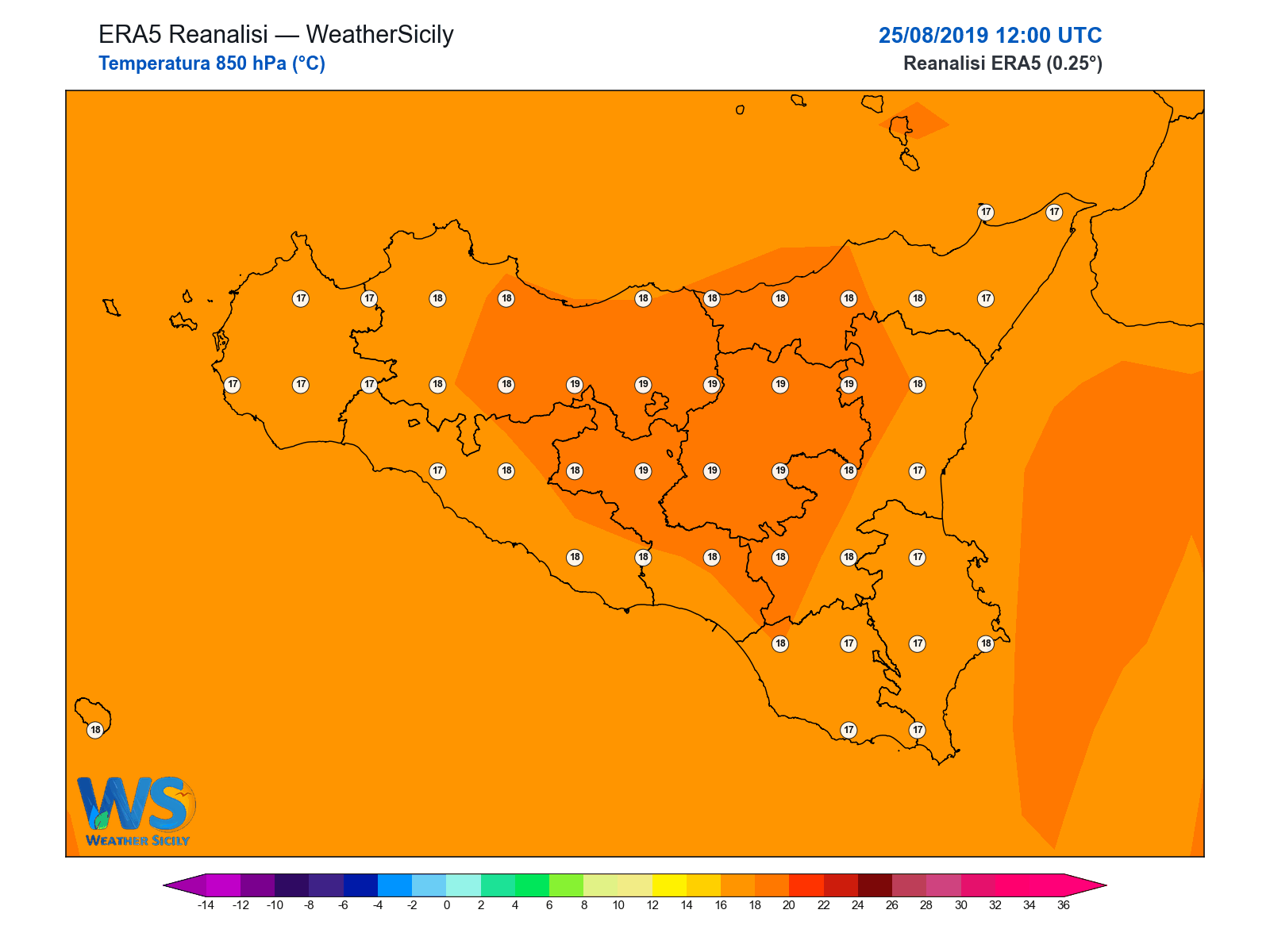 Temperatura a 850 hPa · 2019082512