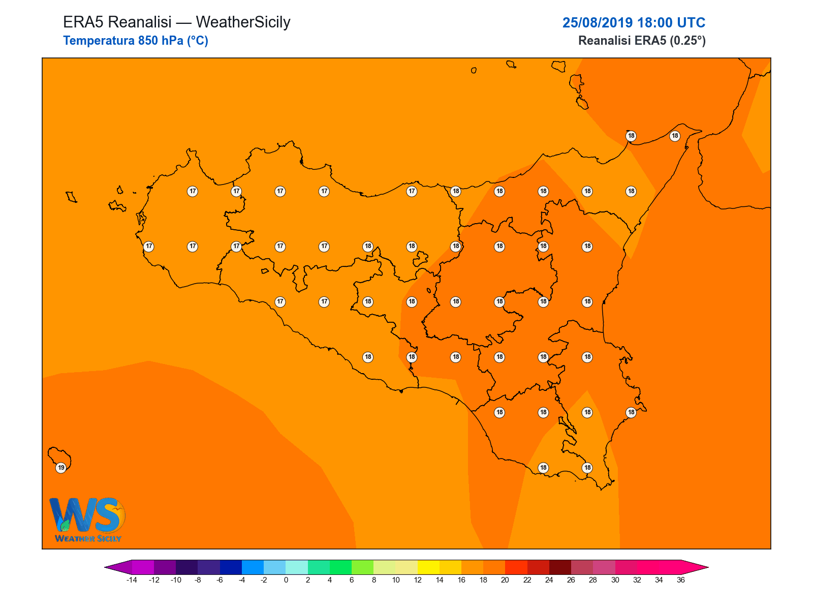 Temperatura a 850 hPa · 2019082518