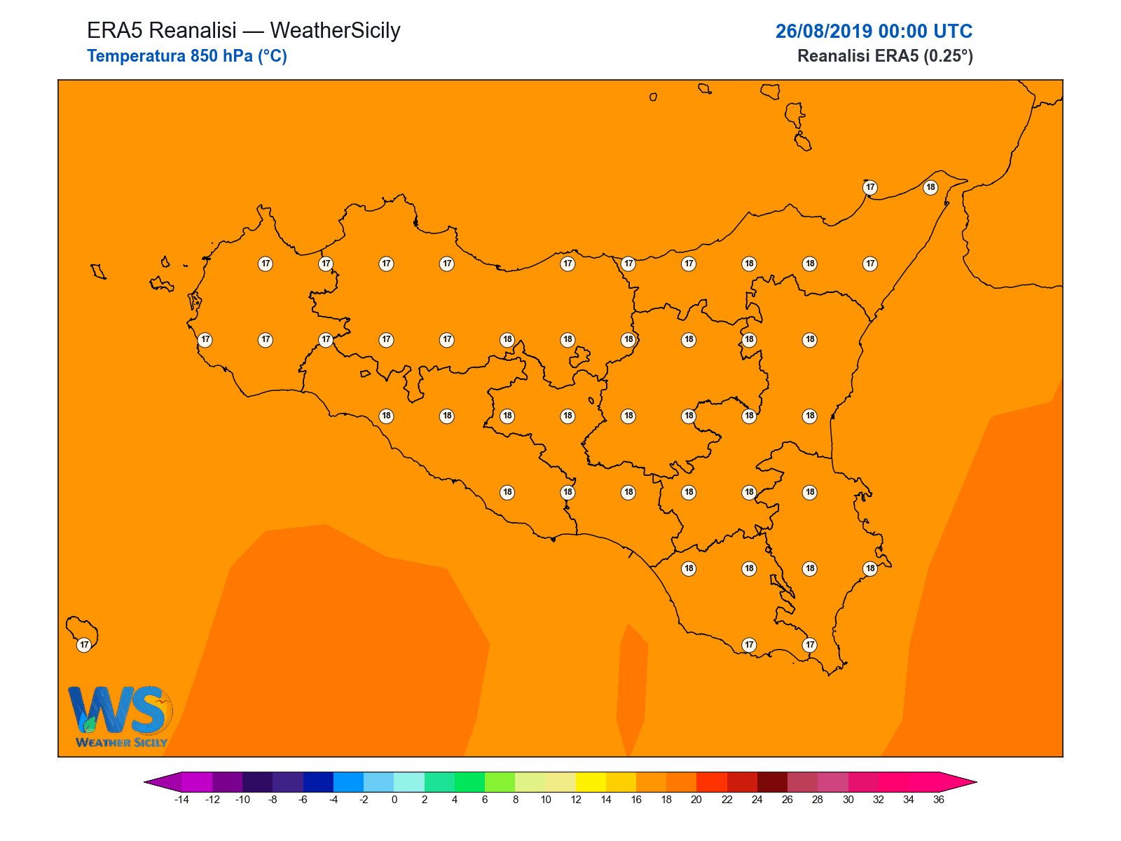 Temperatura a 850 hPa · 2019082600