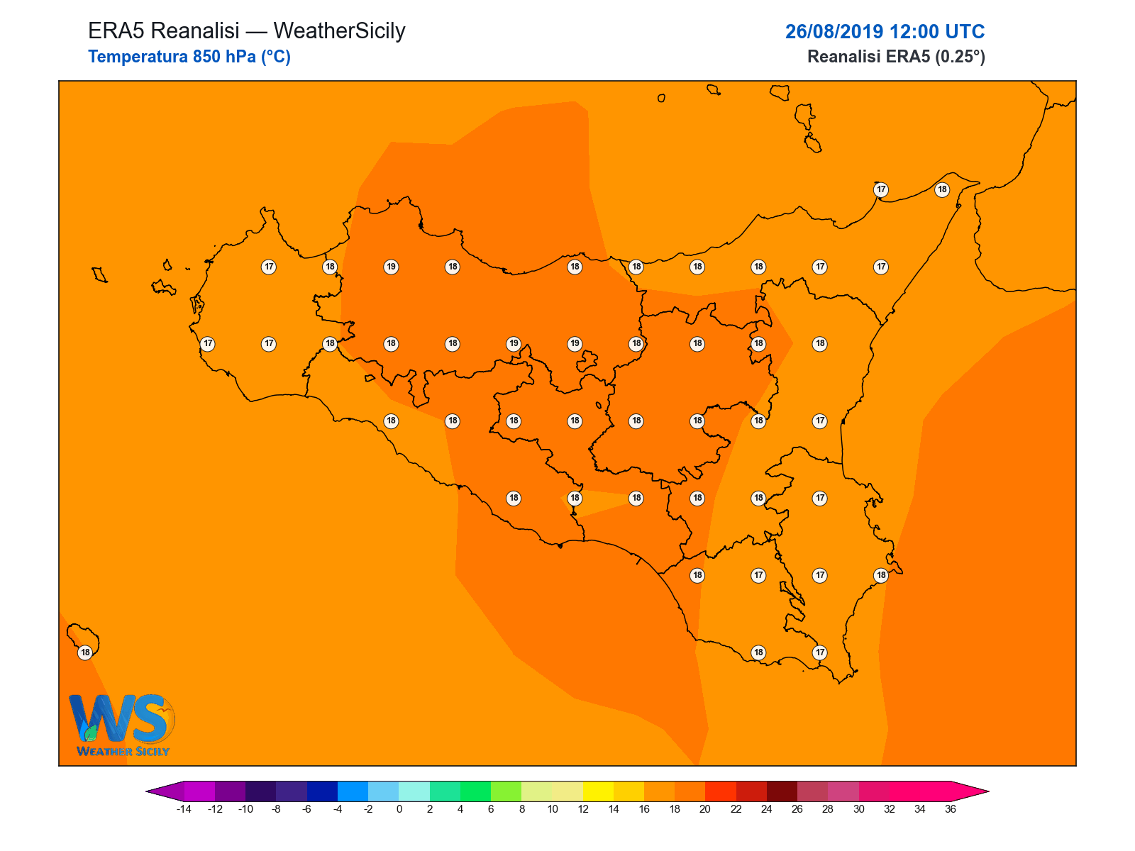 Temperatura a 850 hPa · 2019082612