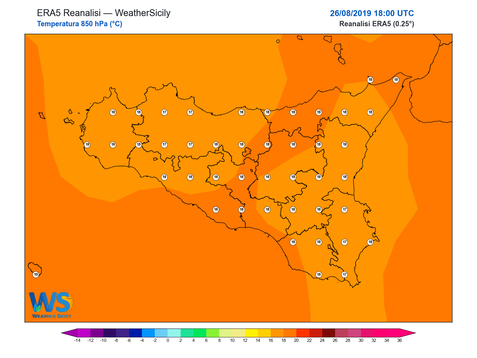 Temperatura a 850 hPa · 2019082618
