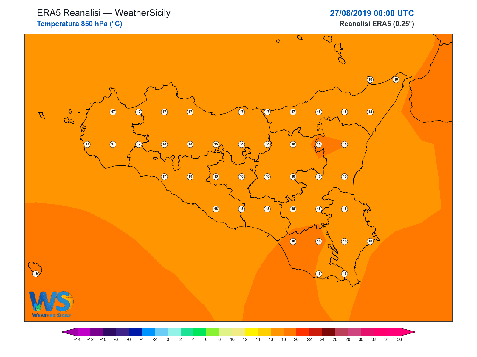 Temperatura a 850 hPa · 2019082700