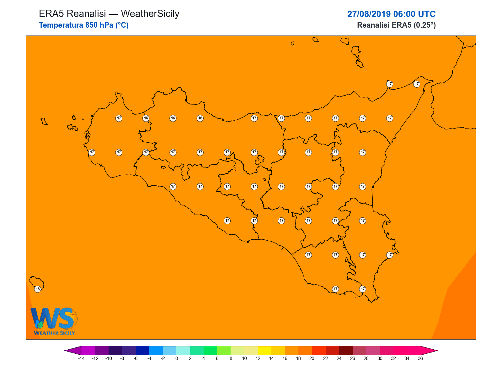 Temperatura a 850 hPa · 2019082706