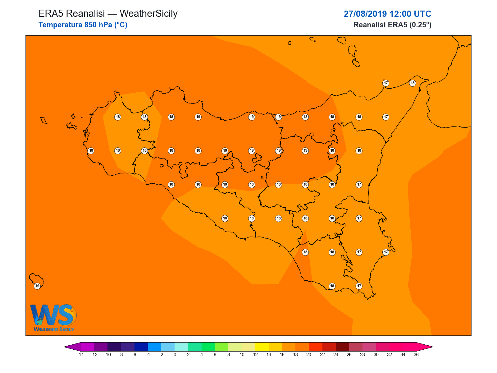 Temperatura a 850 hPa · 2019082712