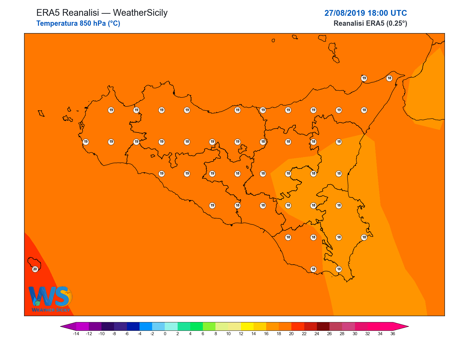Temperatura a 850 hPa · 2019082718