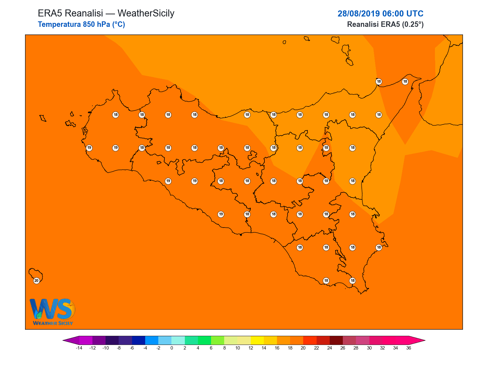 Temperatura a 850 hPa · 2019082806