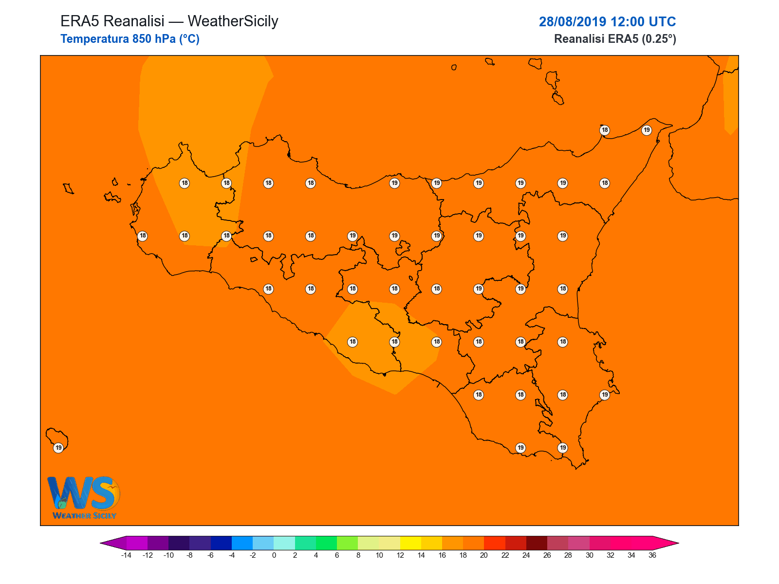 Temperatura a 850 hPa · 2019082812