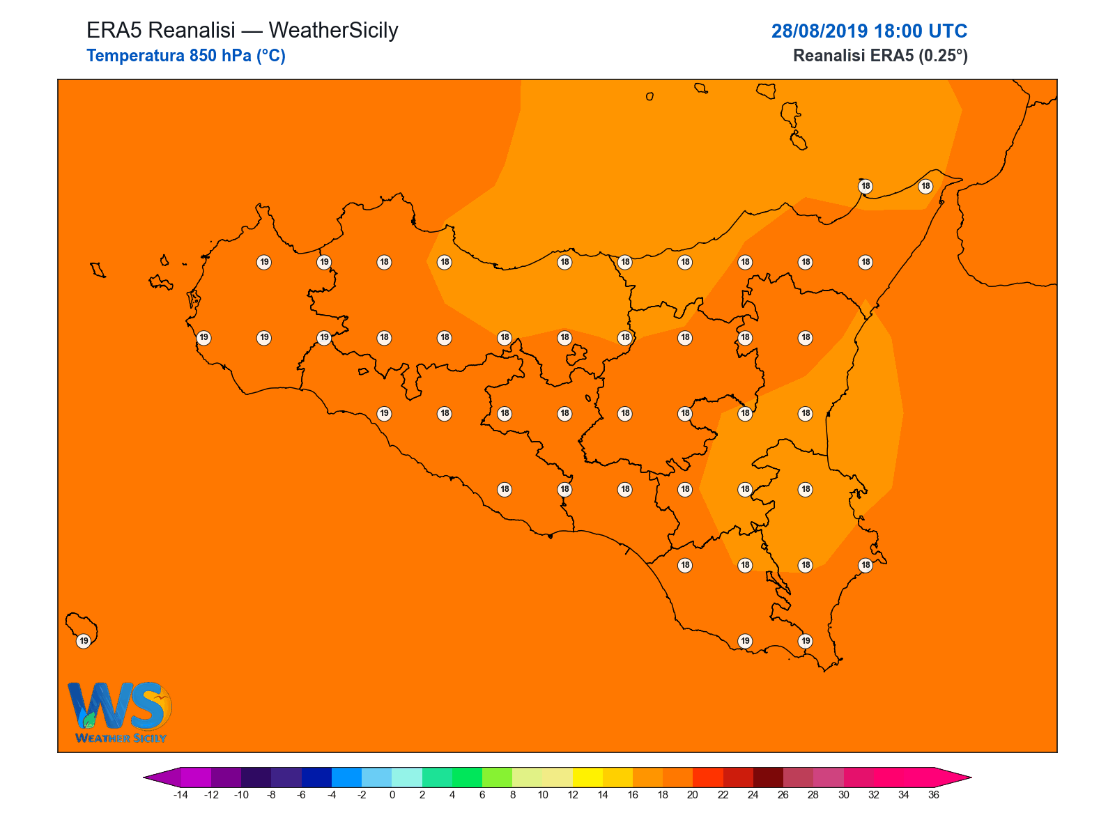 Temperatura a 850 hPa · 2019082818