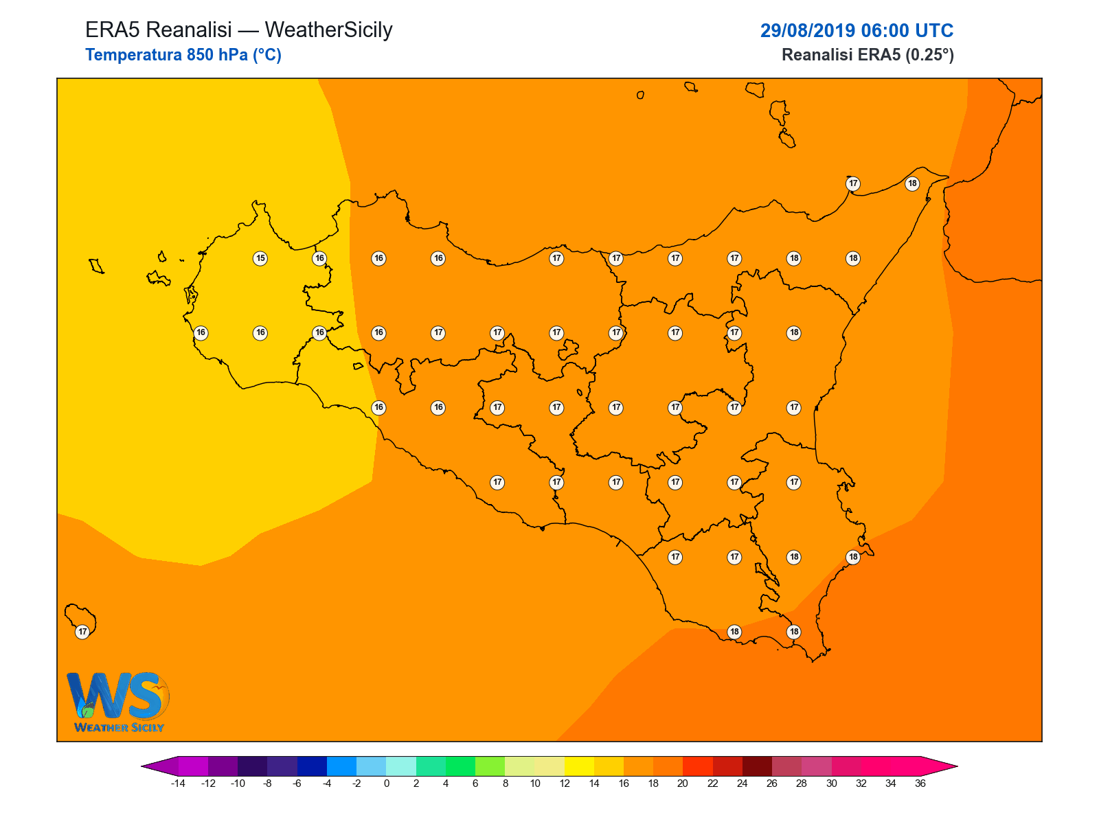 Temperatura a 850 hPa · 2019082906