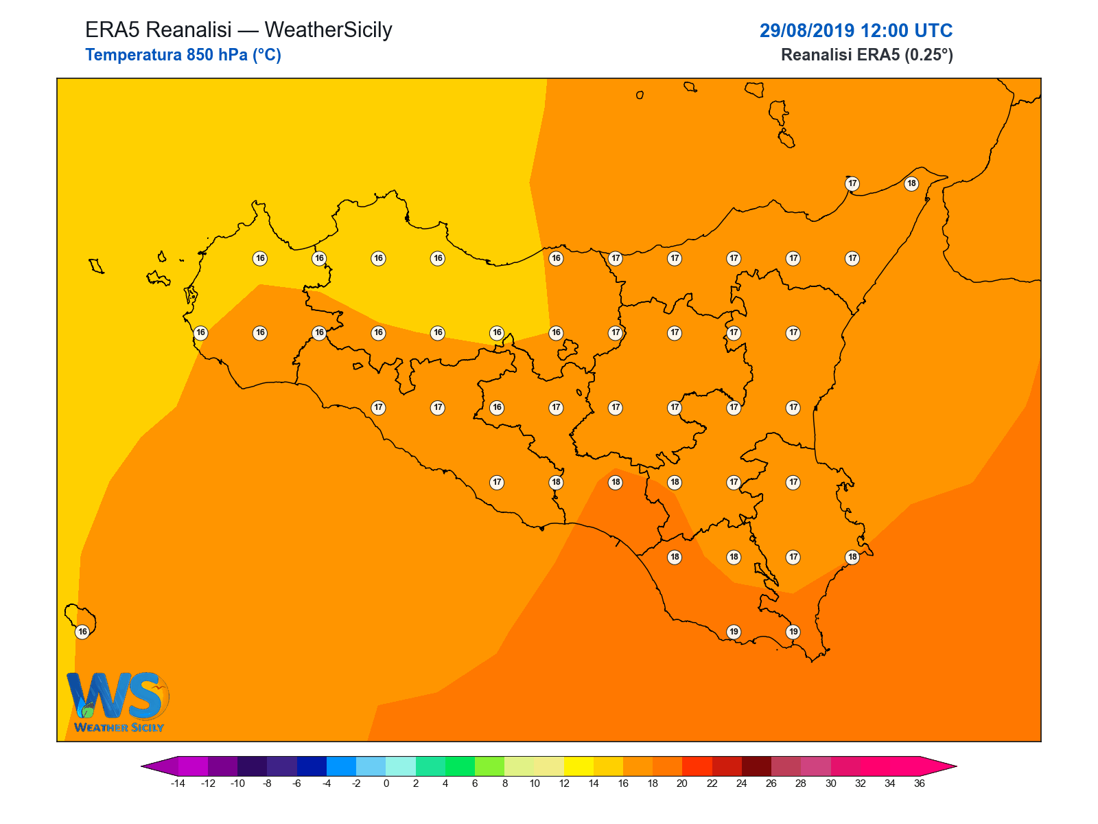 Temperatura a 850 hPa · 2019082912
