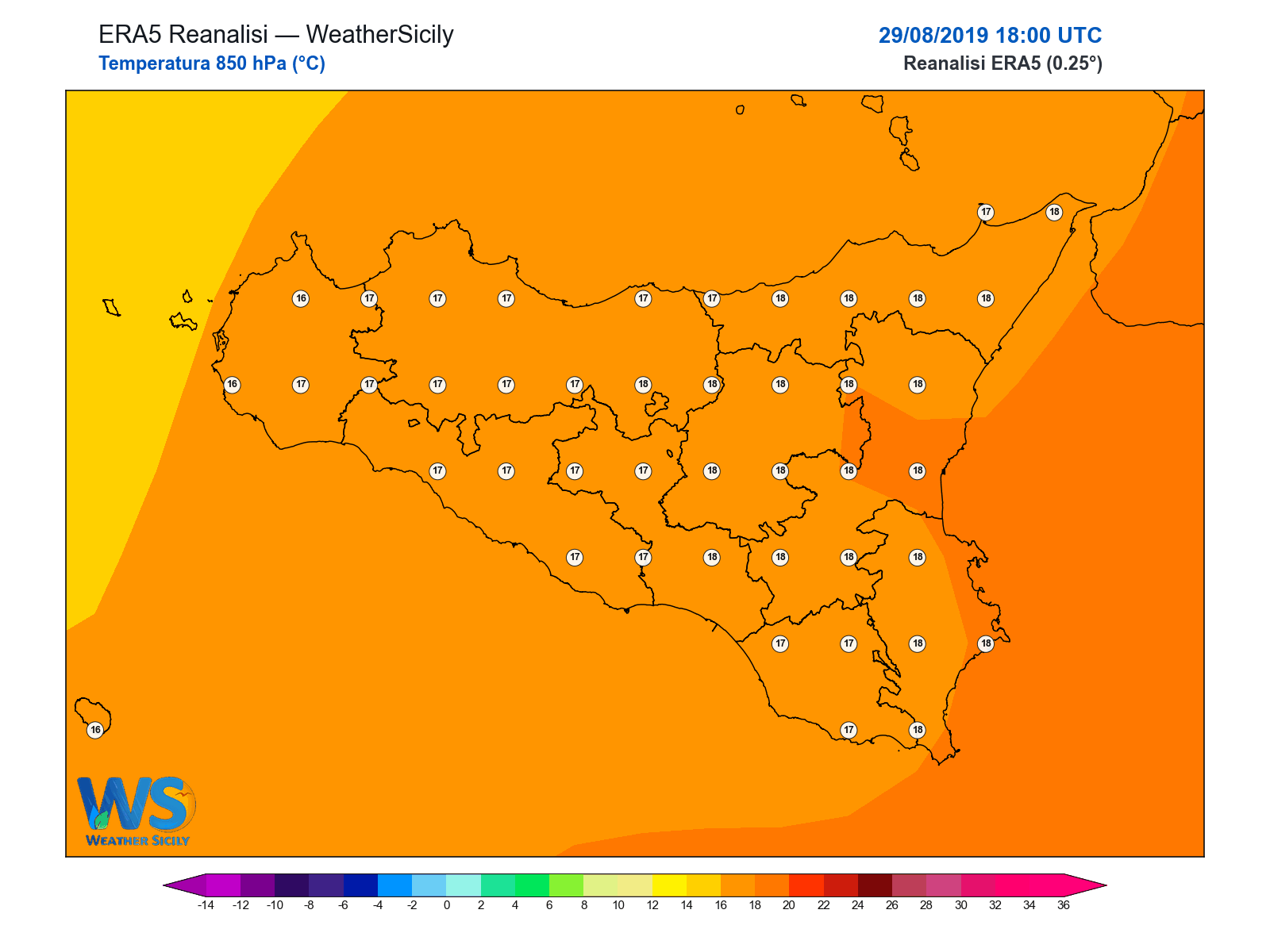 Temperatura a 850 hPa · 2019082918