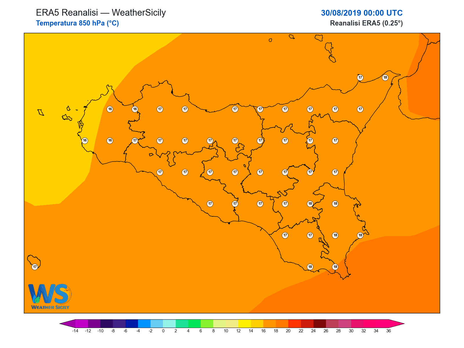 Temperatura a 850 hPa · 2019083000