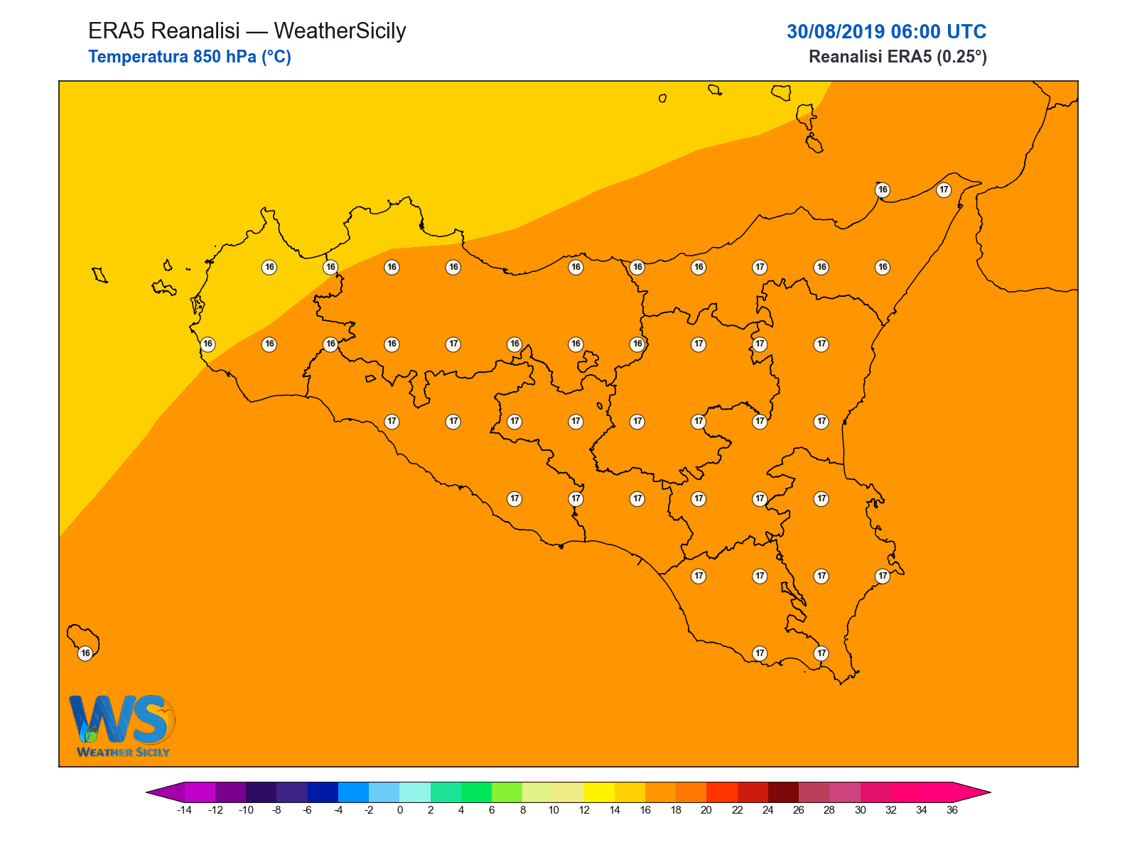 Temperatura a 850 hPa · 2019083006