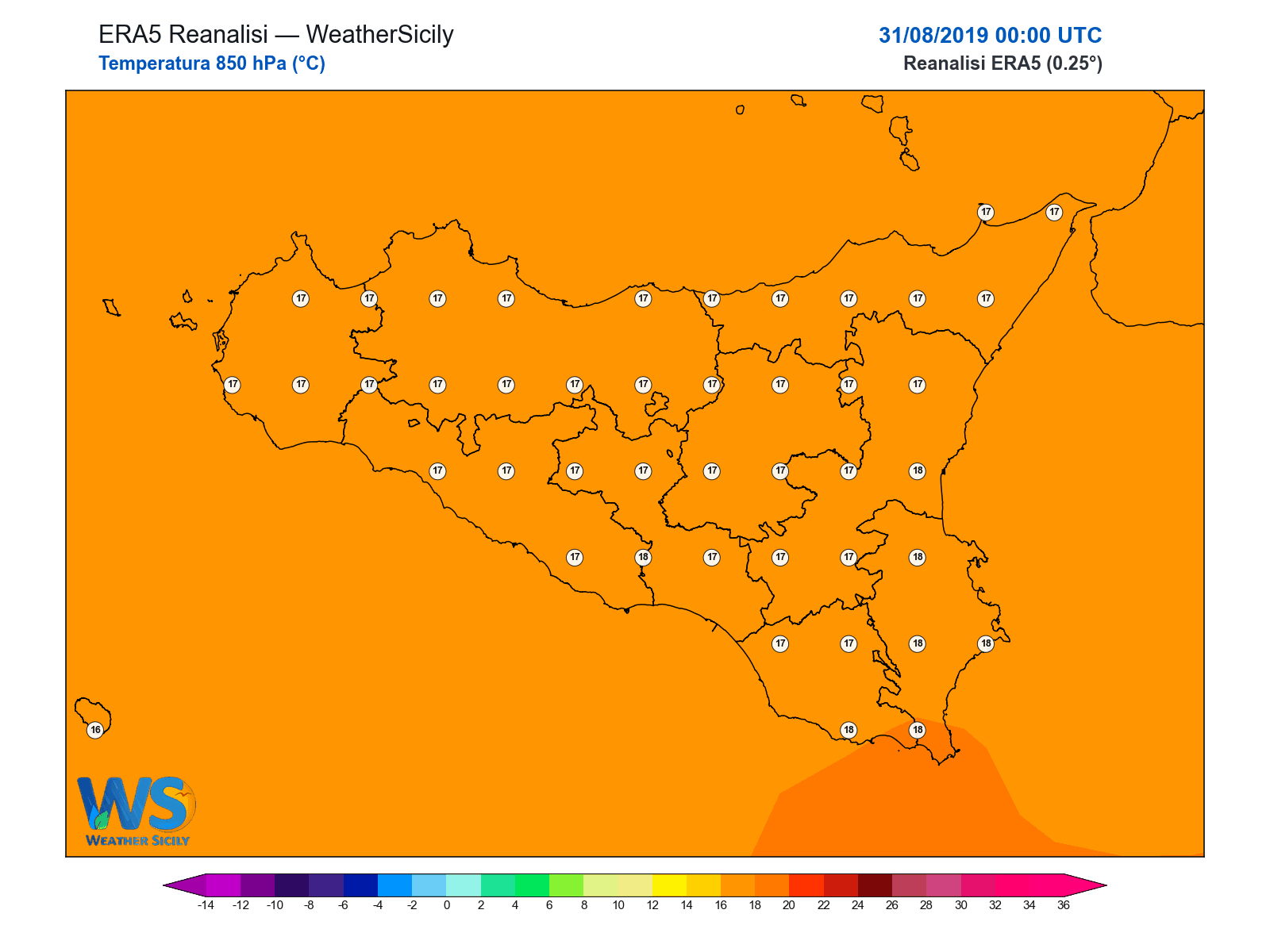 Temperatura a 850 hPa · 2019083100