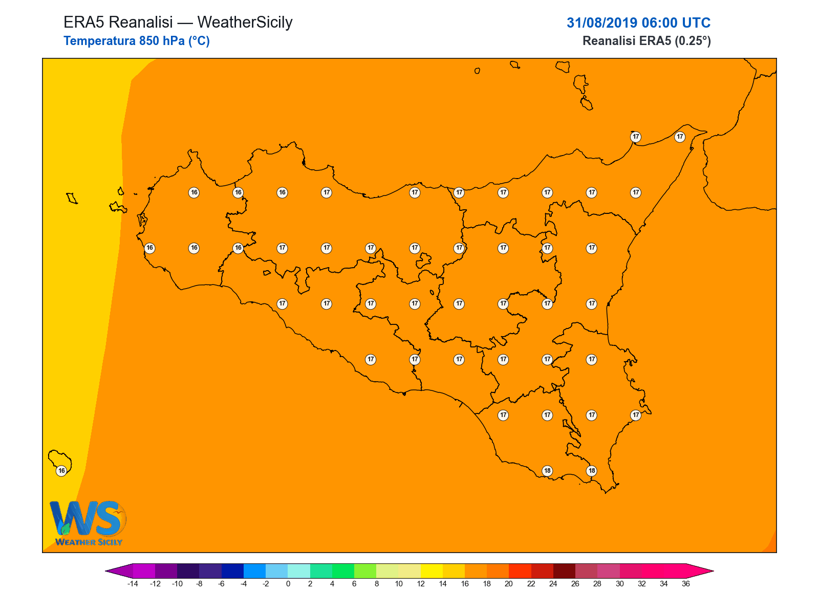 Temperatura a 850 hPa · 2019083106