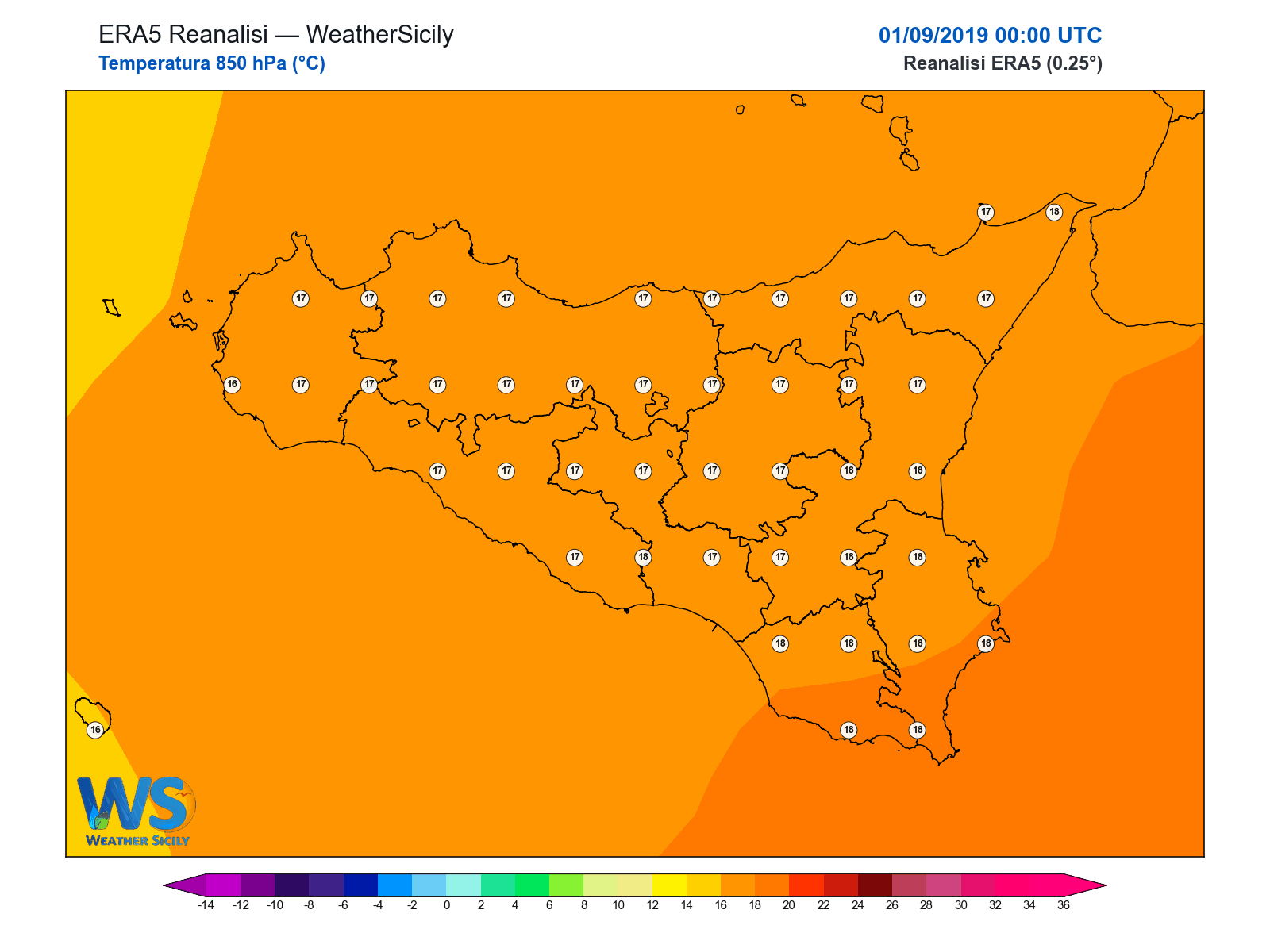 Temperatura a 850 hPa · 2019090100