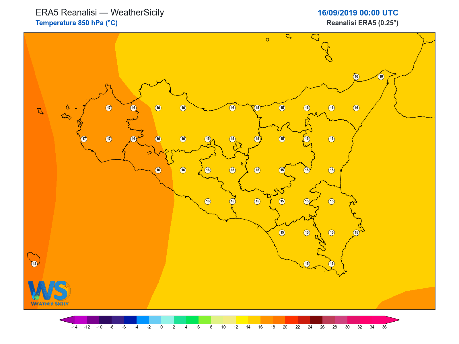 Temperatura a 850 hPa · 2019091600