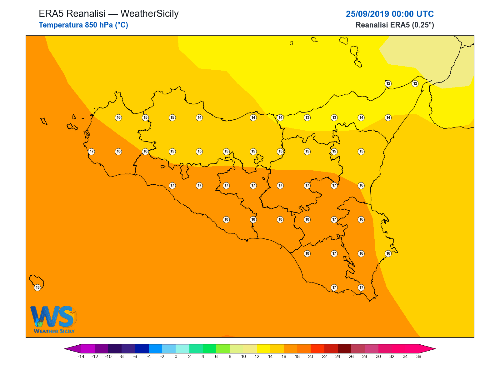 Temperatura a 850 hPa · 2019092500