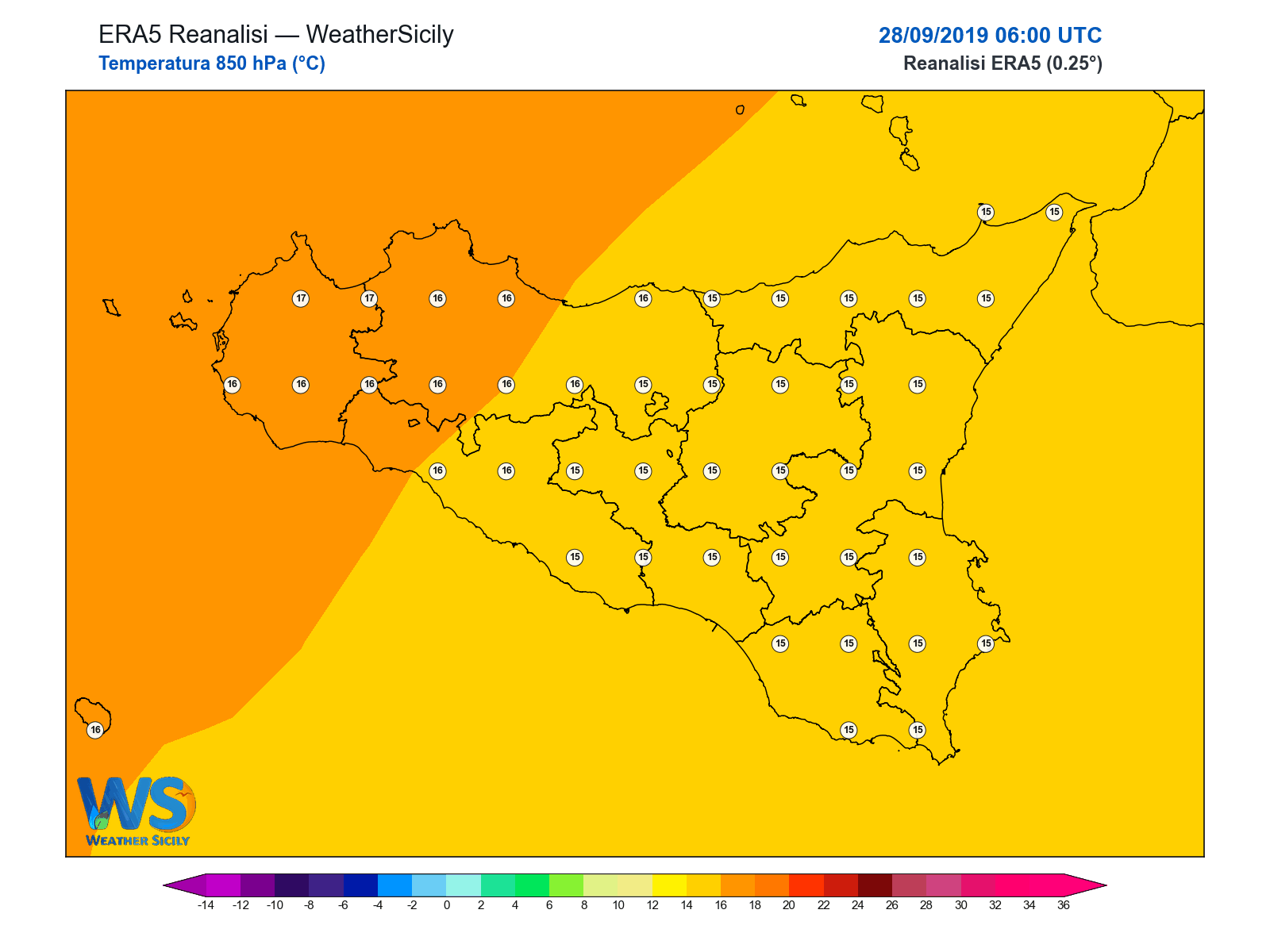 Temperatura a 850 hPa · 2019092806