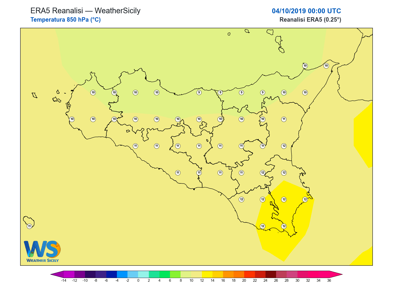 Temperatura a 850 hPa · 2019100400