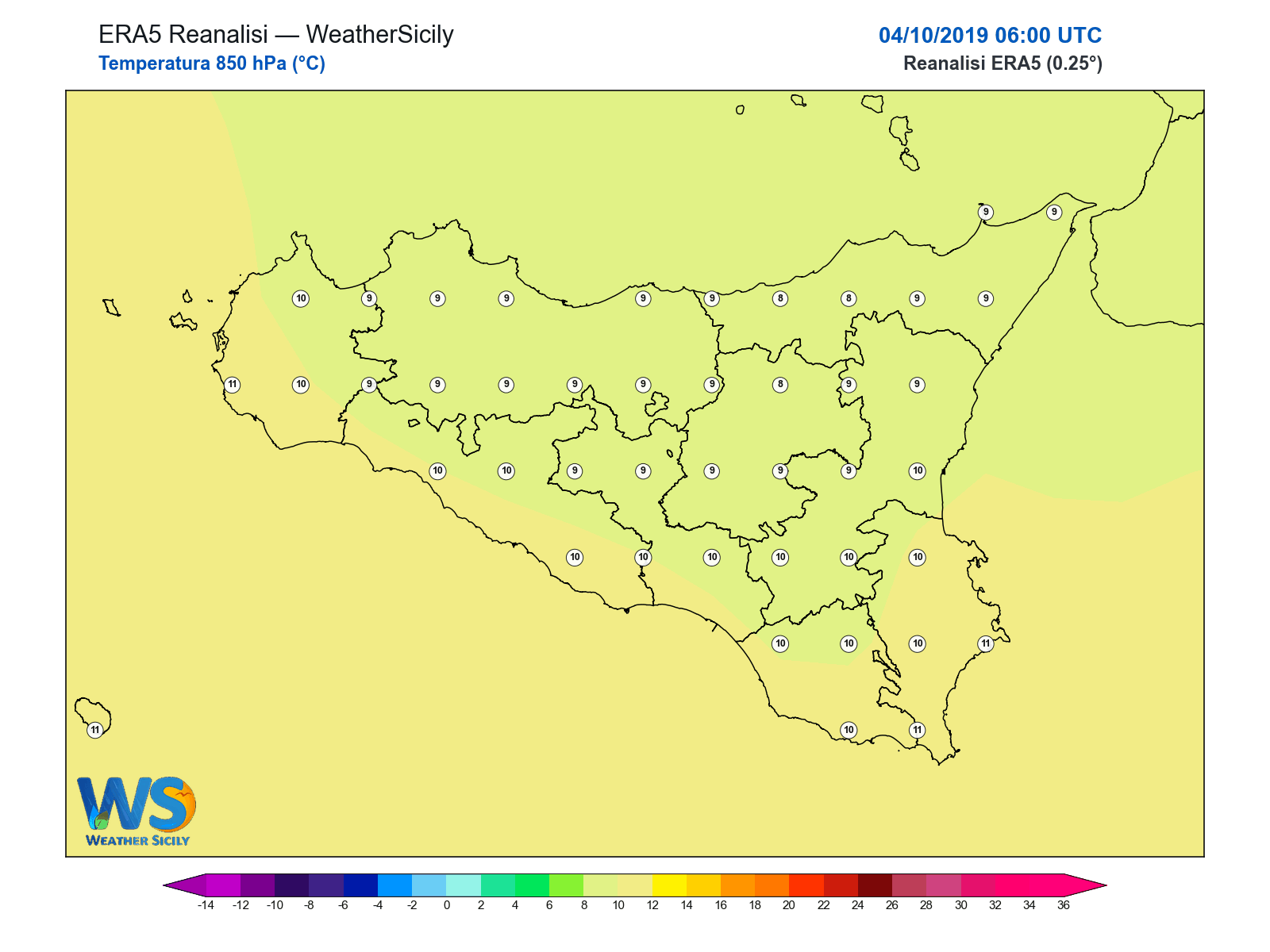Temperatura a 850 hPa · 2019100406