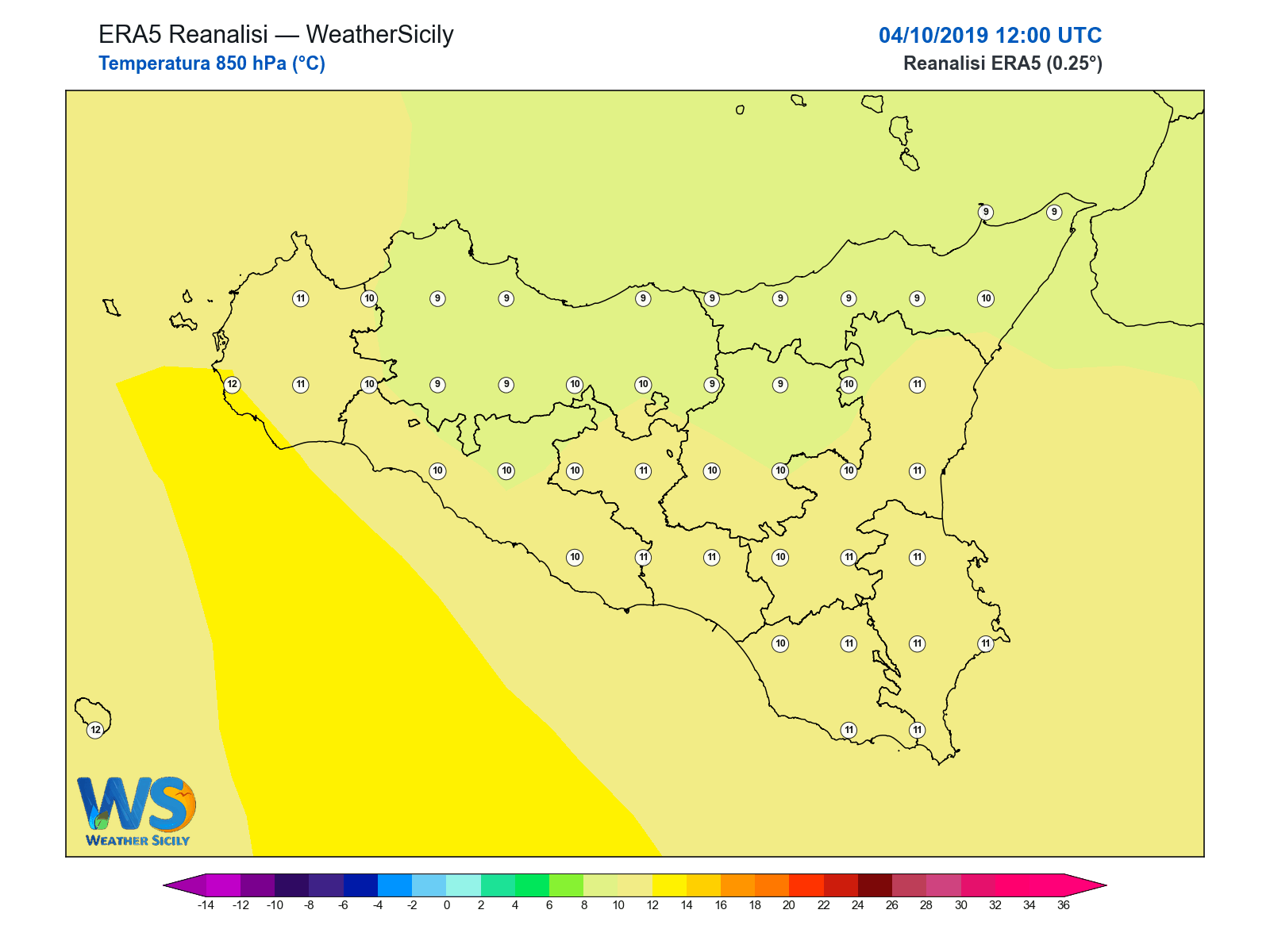 Temperatura a 850 hPa · 2019100412