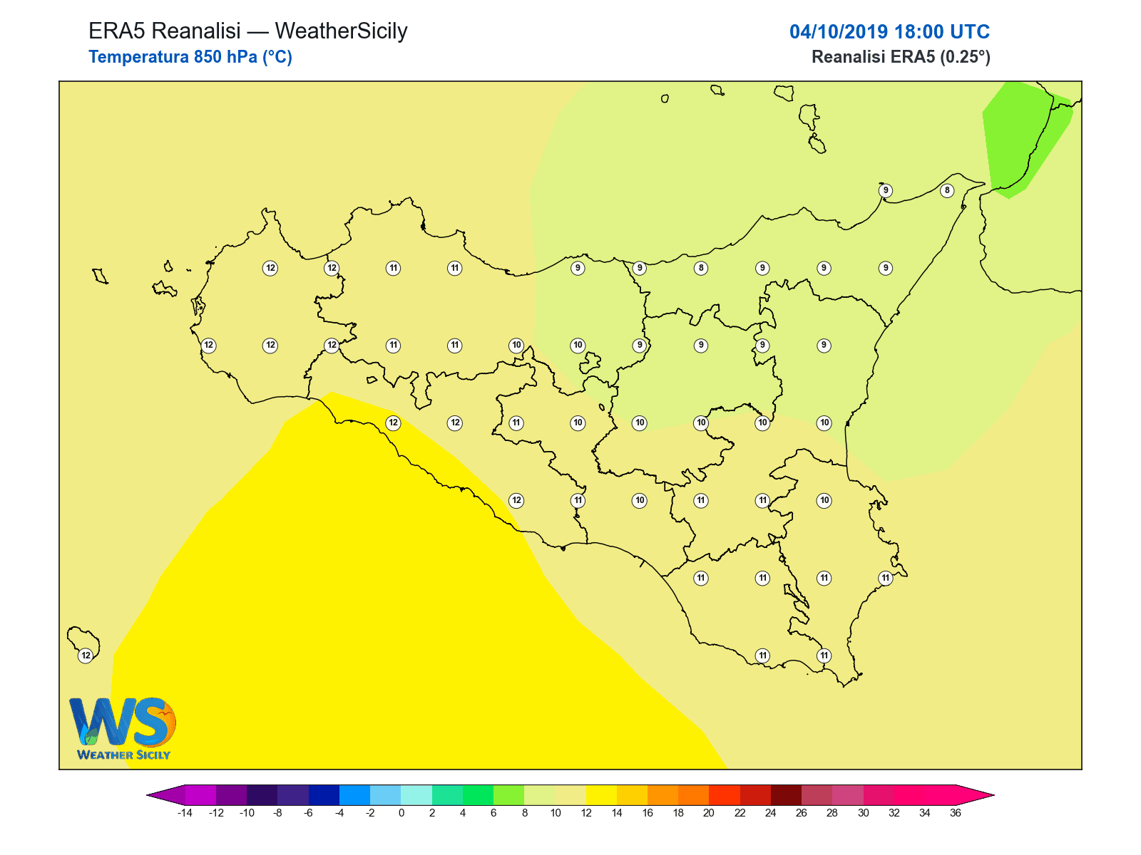 Temperatura a 850 hPa · 2019100418