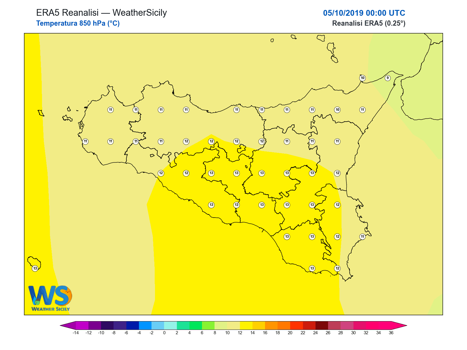 Temperatura a 850 hPa · 2019100500
