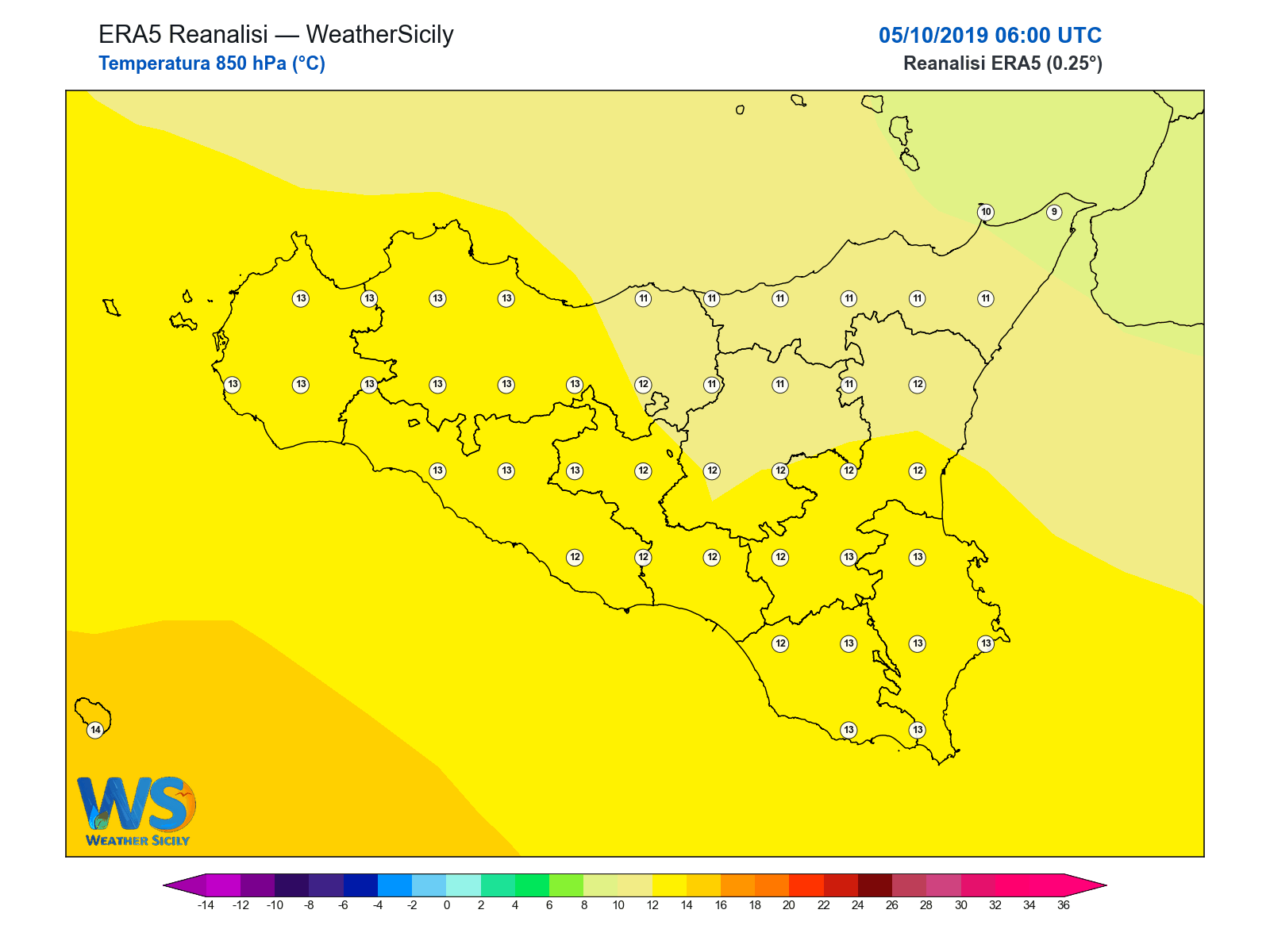 Temperatura a 850 hPa · 2019100506