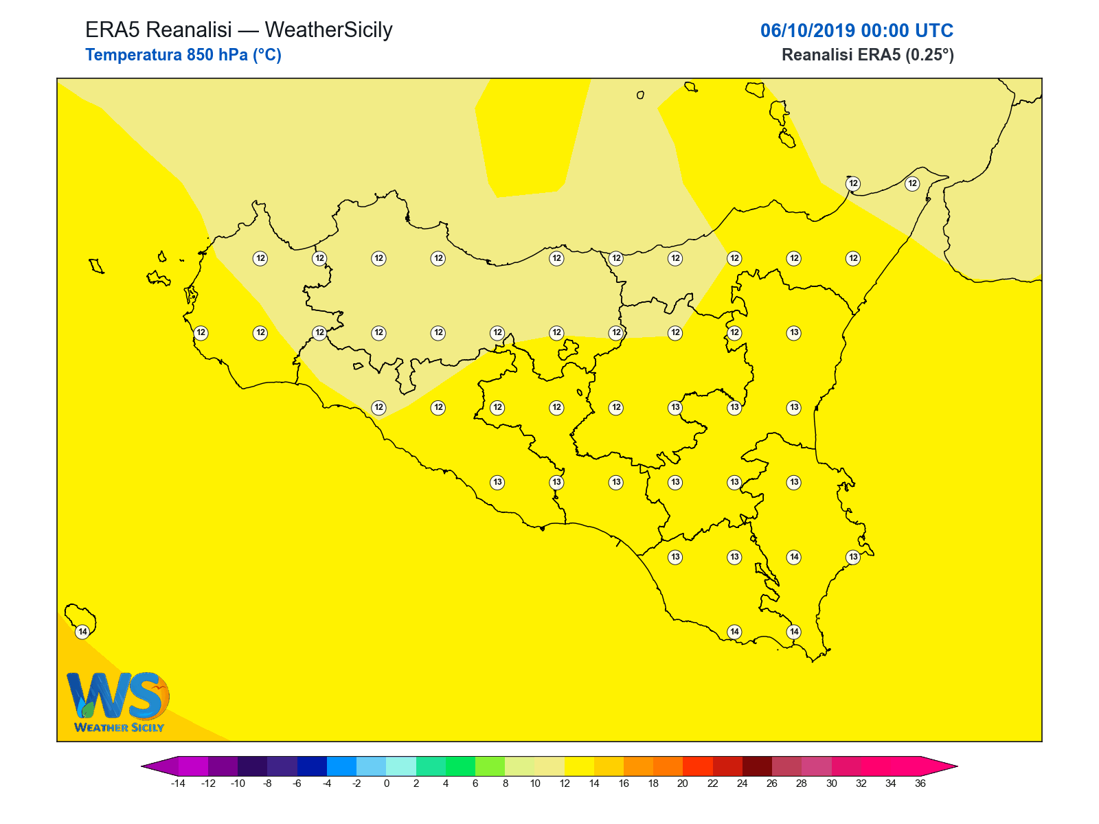 Temperatura a 850 hPa · 2019100600